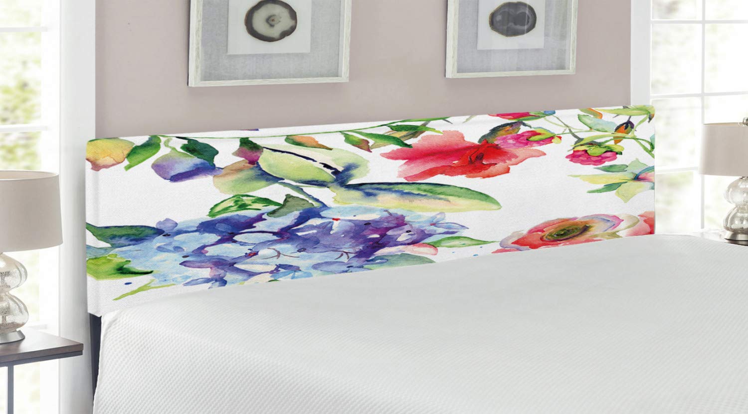 Ambesonne Upholstered King Size Headboard with Memory Foam - Summer Flowers Watercolor Print Metal Bed Frame for Master Bedroom Decor | Nature Inspired Botanical Design for Bedroom Makeover