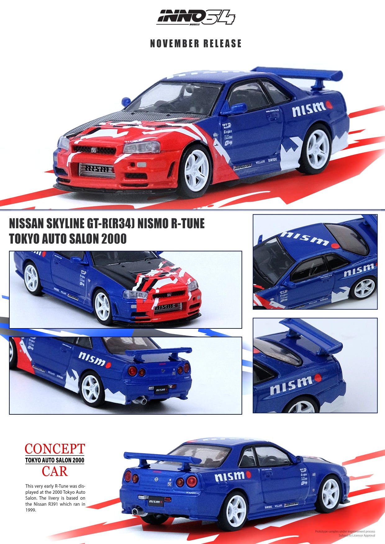 INNO Models 1:64 Nissan Skyline GT-R R34 R TUNE Concept Tokyo Auto Salon 2001 Diecast Car - Collectible Miniature Model for Car Enthusiasts & Display Showcase