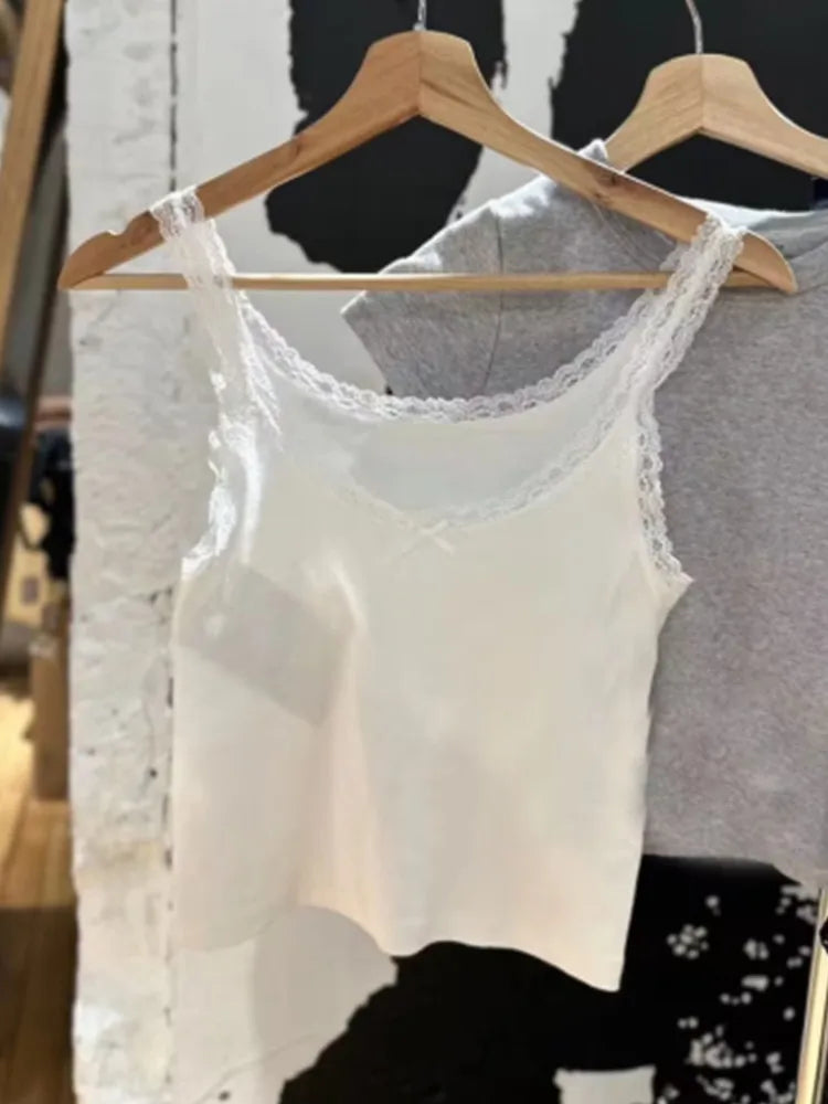 Women's Casual Soft Cotton White Bow Tank Top - Vintage Summer Sleeveless Blouse with Lace Trim & O-Neck Design | Perfect for Beach Outfits, Date Nights & Boho Fashion