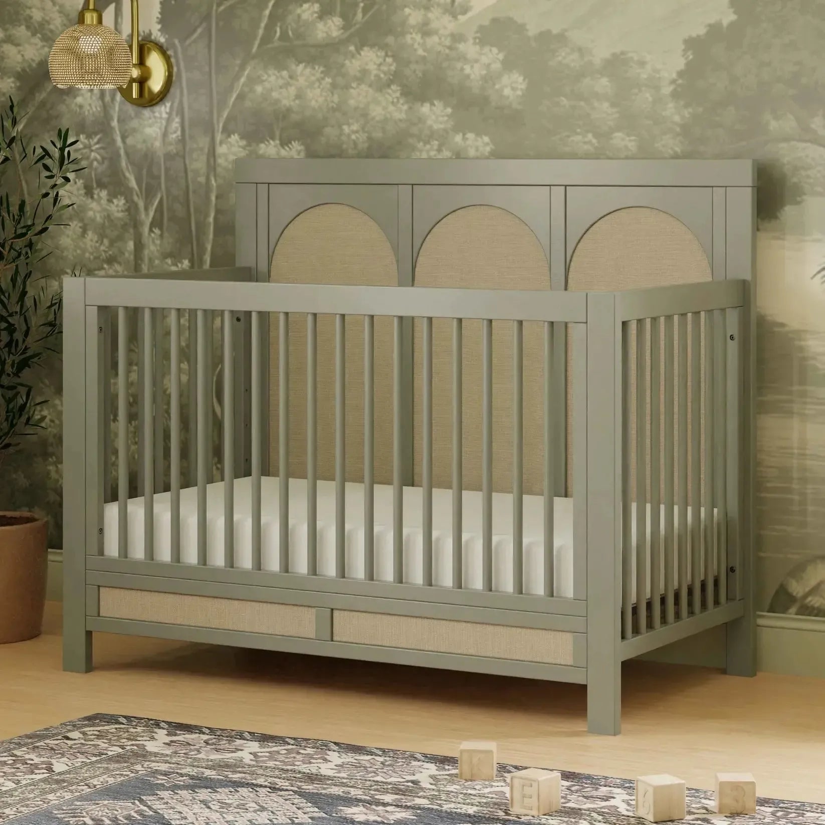Namesake Eloise 4-in-1 Convertible Baby Crib - French Sage & Performance Sand Eco Weave | Nursery Furniture for Newborns to Toddlers | Safe & Stylish Modern Nursery Decor
