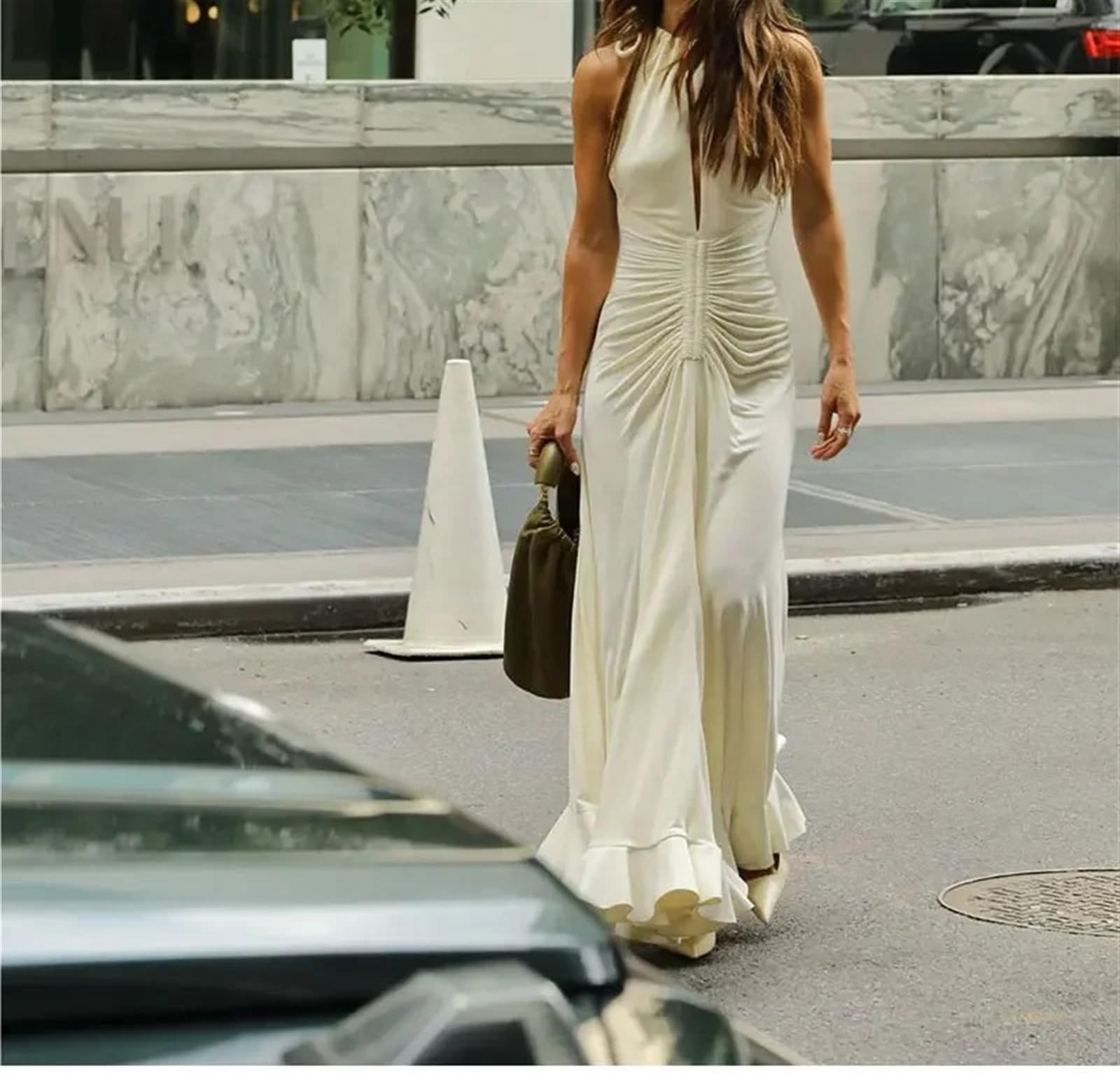 Elegant Pleated Drawstring Slim Flounce Maxi Dress for Women - Sleeveless Ruffle Robe with Cut Out Design | Perfect for Spring Parties, Club Nights & Special Occasions