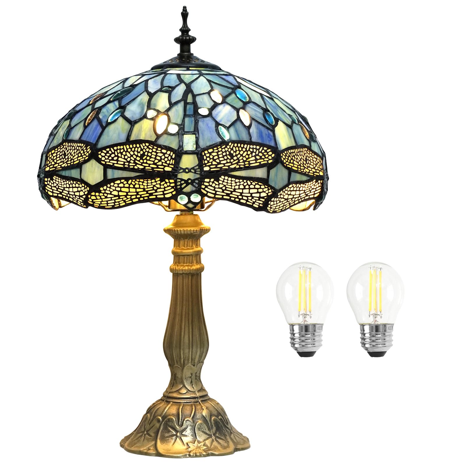 Tiffany Style Blue Stained Glass Table Lamp - 12x12x18 Inch Dragonfly Design Desk Lamp with LED Bulb for Bedroom, Living Room & Home Office - Perfect for Reading Nook, Study Area and Vintage Decor