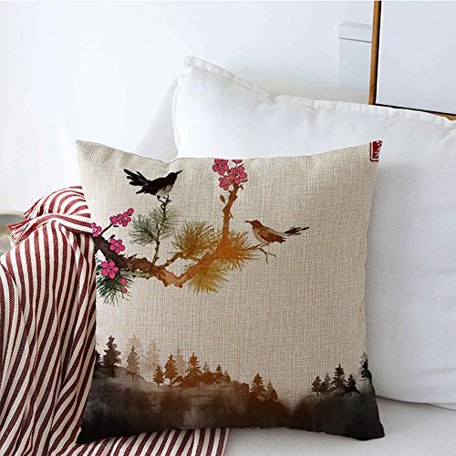 Decorative Throw Pillow Covers 16x16 Inch - Japanese Sumie Style Bird & Pine Tree Design with Sakura Branches, Asian Linen Square Covers for Sofa, Couch & Home Decor | Perfect for Living Room, Bedroom & Office Accents