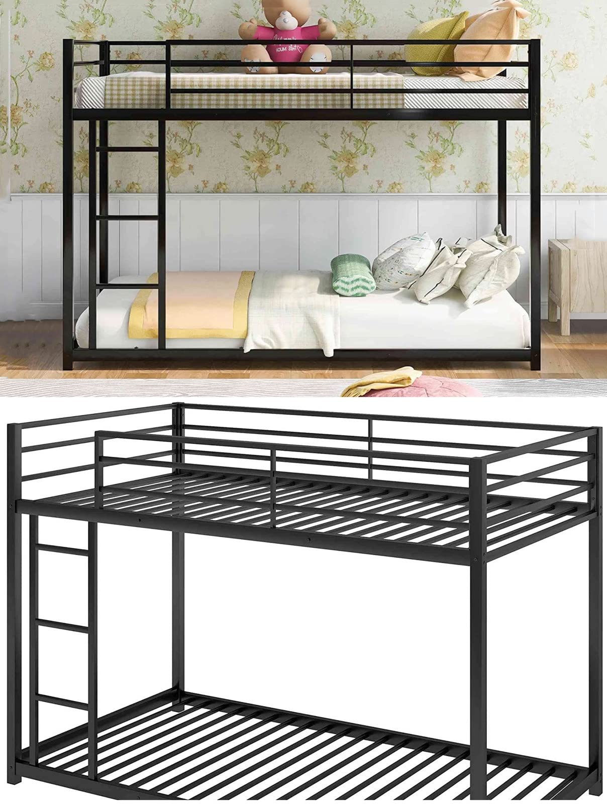 YeSbTx Black Metal Twin Over Twin Bunk Bed Frame with Ladder & Safety Rails - Low Loft Space Saving Design for Kids, Teens & Adults - Perfect for Small Bedrooms, Dorms & Guest Rooms