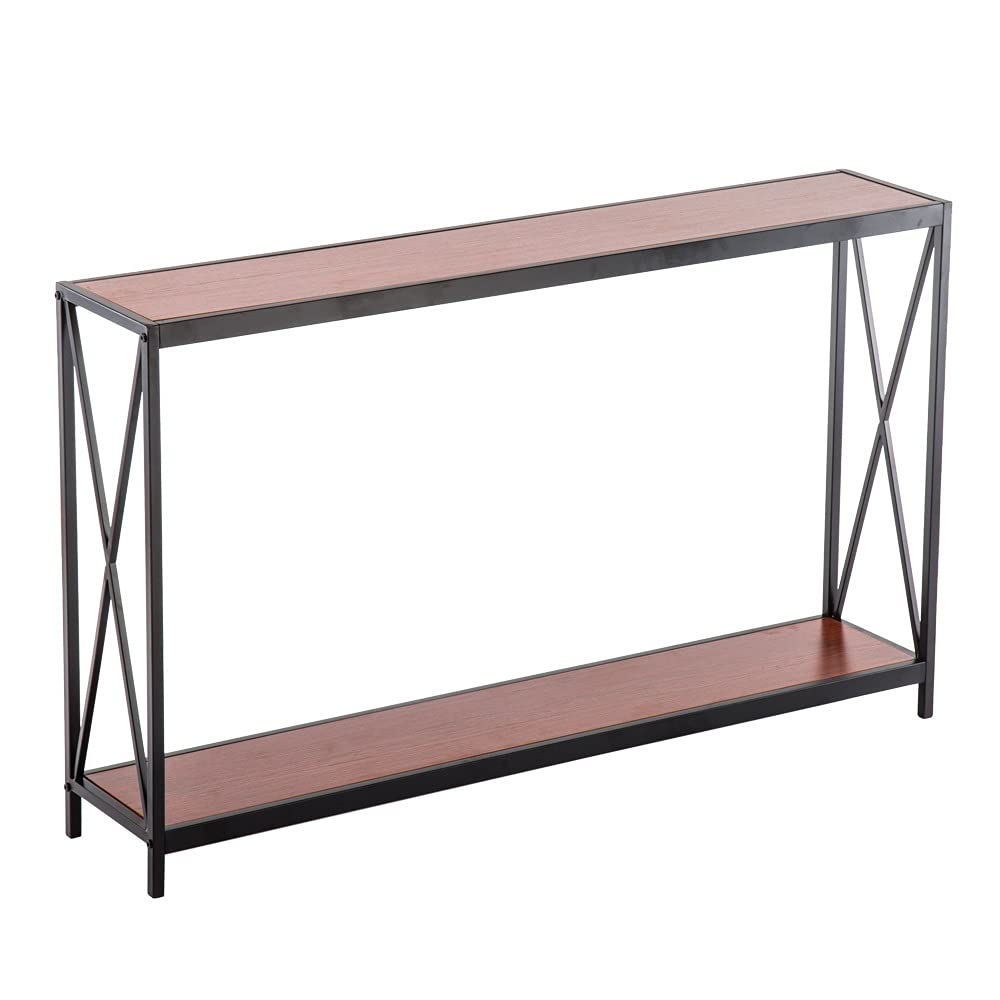 CHYSP 110x23x74cm Triamine Board Cross Iron Frame Porch Table - Rustic Reddish Brown Wood Grain Console Table for Living Room, Entryway & Outdoor Use
