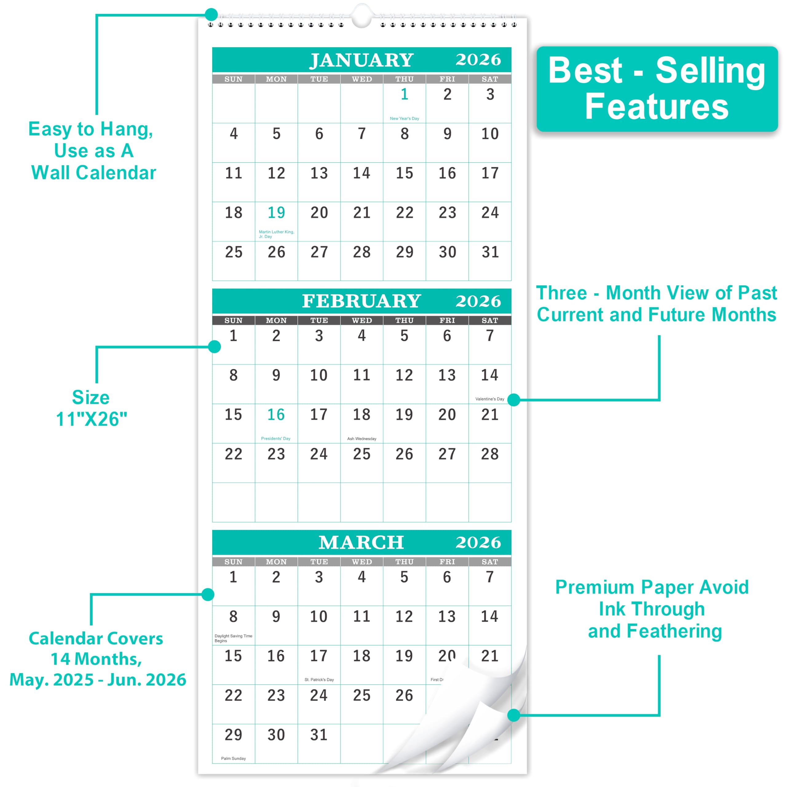 2025-2026 Wall Calendar | 16-Month Planner from May 2025 to June 2026 | 3-Month Vertical Display | 11.3