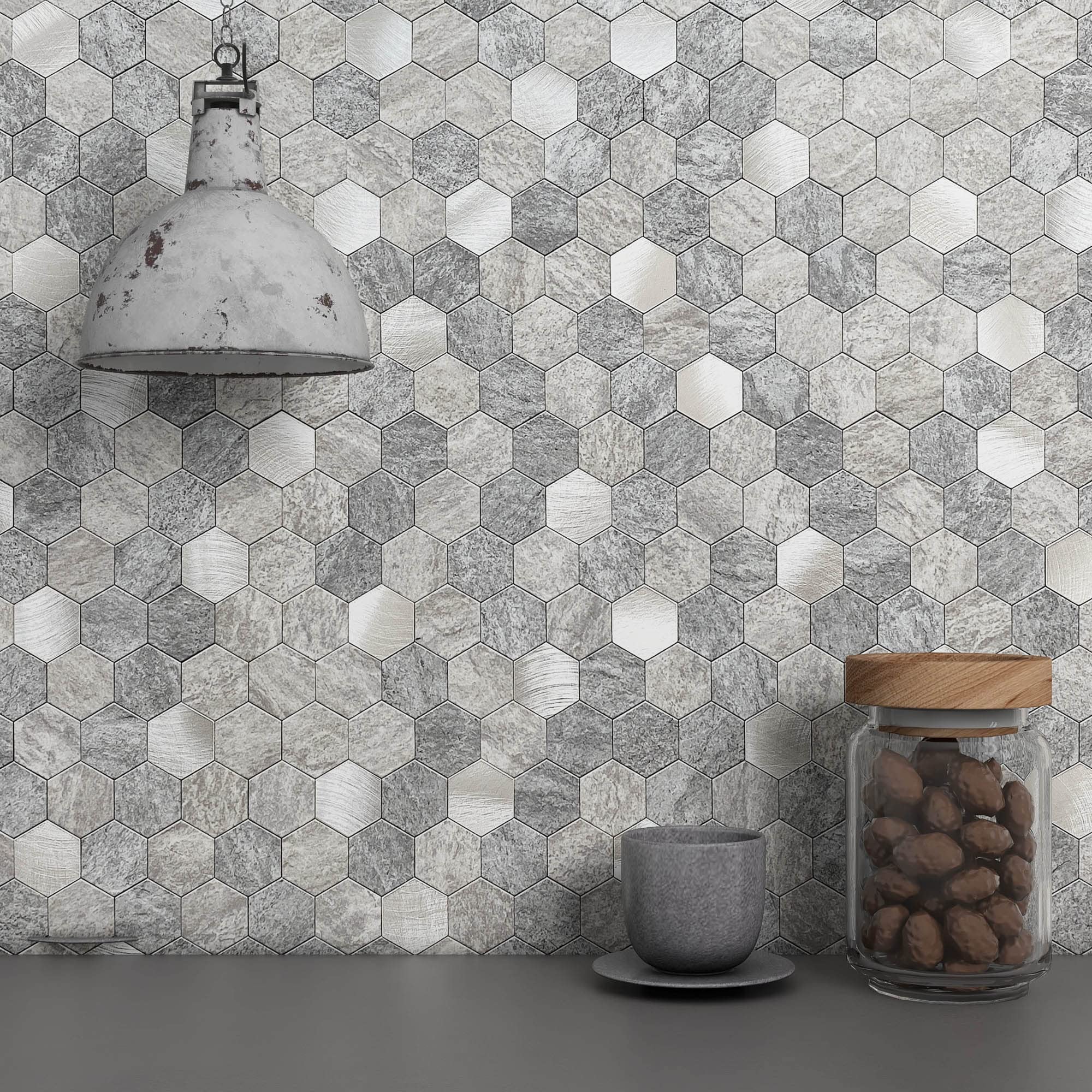 BeNice Hexagon Peel and Stick Backsplash Tiles - Self-Adhesive Wall Tile Stickers for Kitchen & Bathroom - 5pc Gray Mosaic Tile Panels - Easy DIY Home Decor Upgrade for Backsplash, Accent Walls & Home Renovation