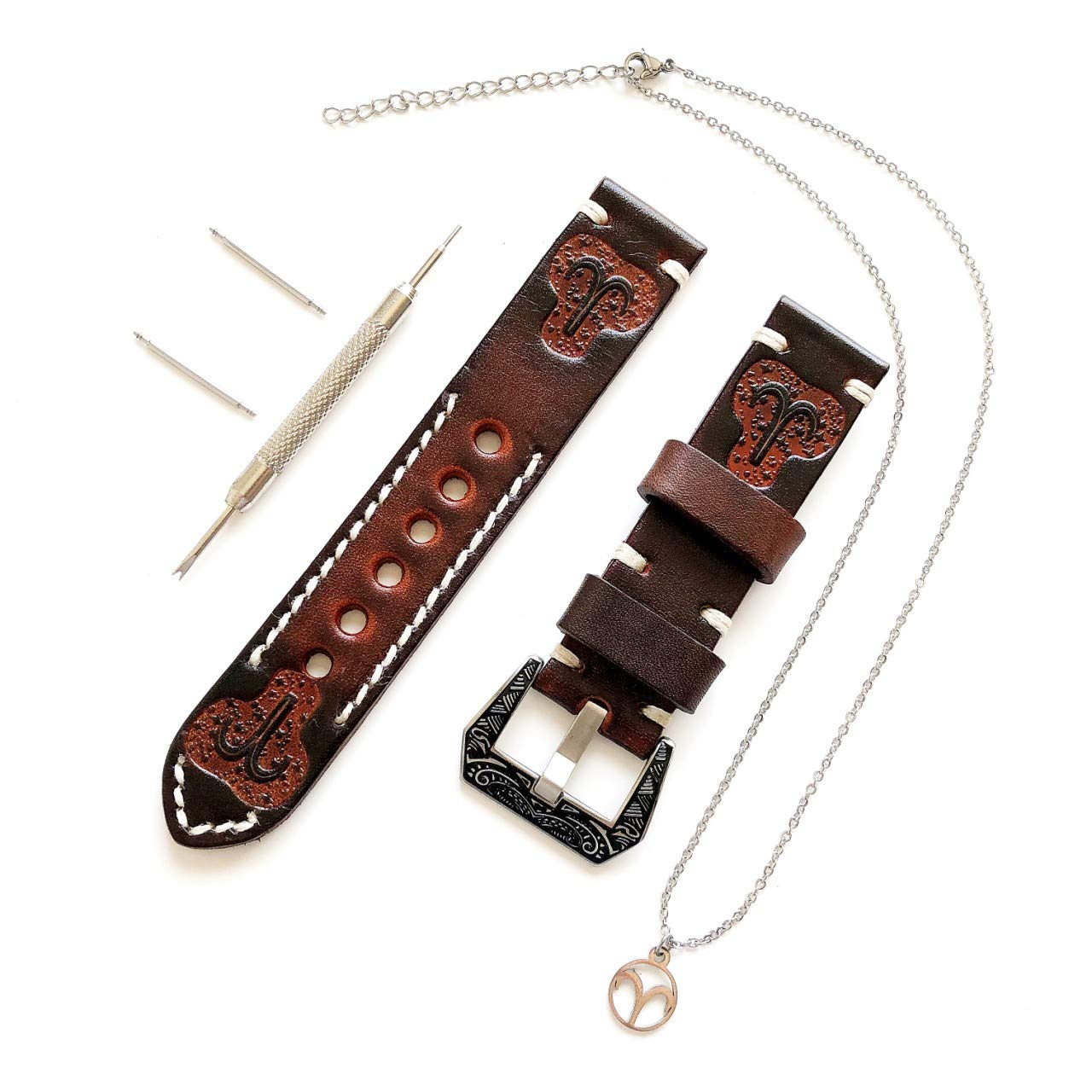 Aries Zodiac Genuine Brown Leather 22mm Tooled Embossed Watch Band & 25