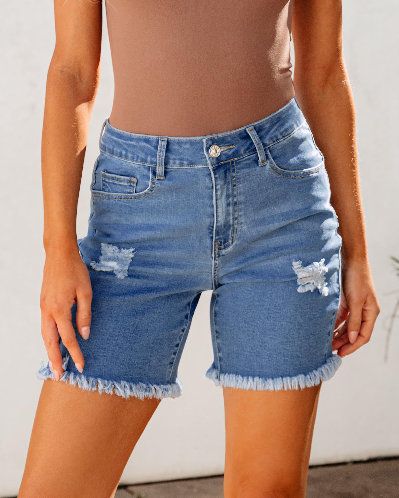 Luvamia Women's High Waisted Distressed Denim Shorts - Stretchy Ripped Raw Hem Casual Jean Shorts for Summer Outfits, Beach & Street Style