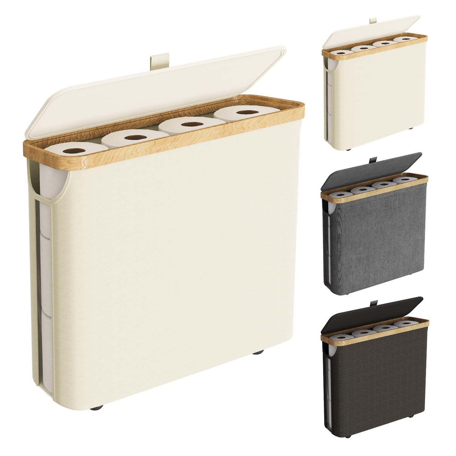 Bamboo Toilet Paper Storage Basket with Lid - Holds 12 Standard Rolls | Bathroom Organizer & Toilet Paper Holder | Perfect for Small Bathrooms, RVs & Apartment Living (Beige)