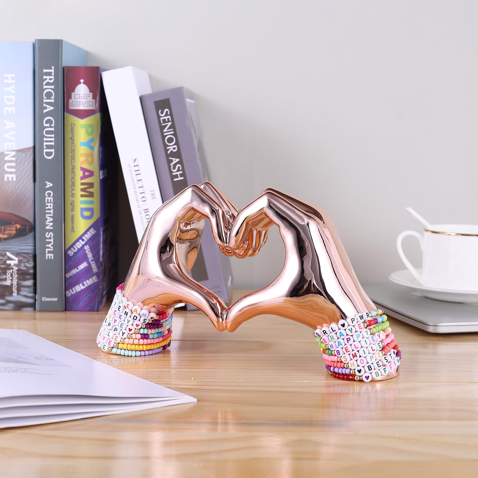 Pink Heart and Hand Sculptures - Bohemian Home Decor Statues for Wedding, Living Room, Bedroom, Office & Coffee Table | Unique Bookshelf & Edgy Room Decor