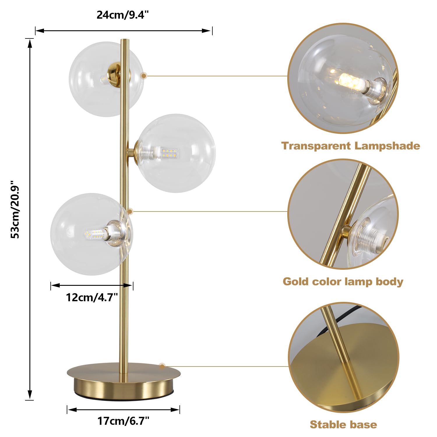 Mid Century Modern Gold Desk Lamp with 3 White Glass Globes - Contemporary Reading Light for Bedroom, Living Room & Study | Perfect for Nightstands, Office Desks & Cozy Corners