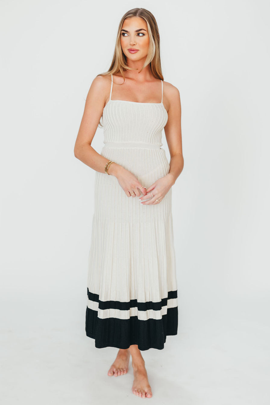 Kenzie Ribbed Knit Dress for Women - Ecru & Black Slim Fit Stretchy Midi Dress | Perfect for Casual Outings, Office Wear & Date Nights