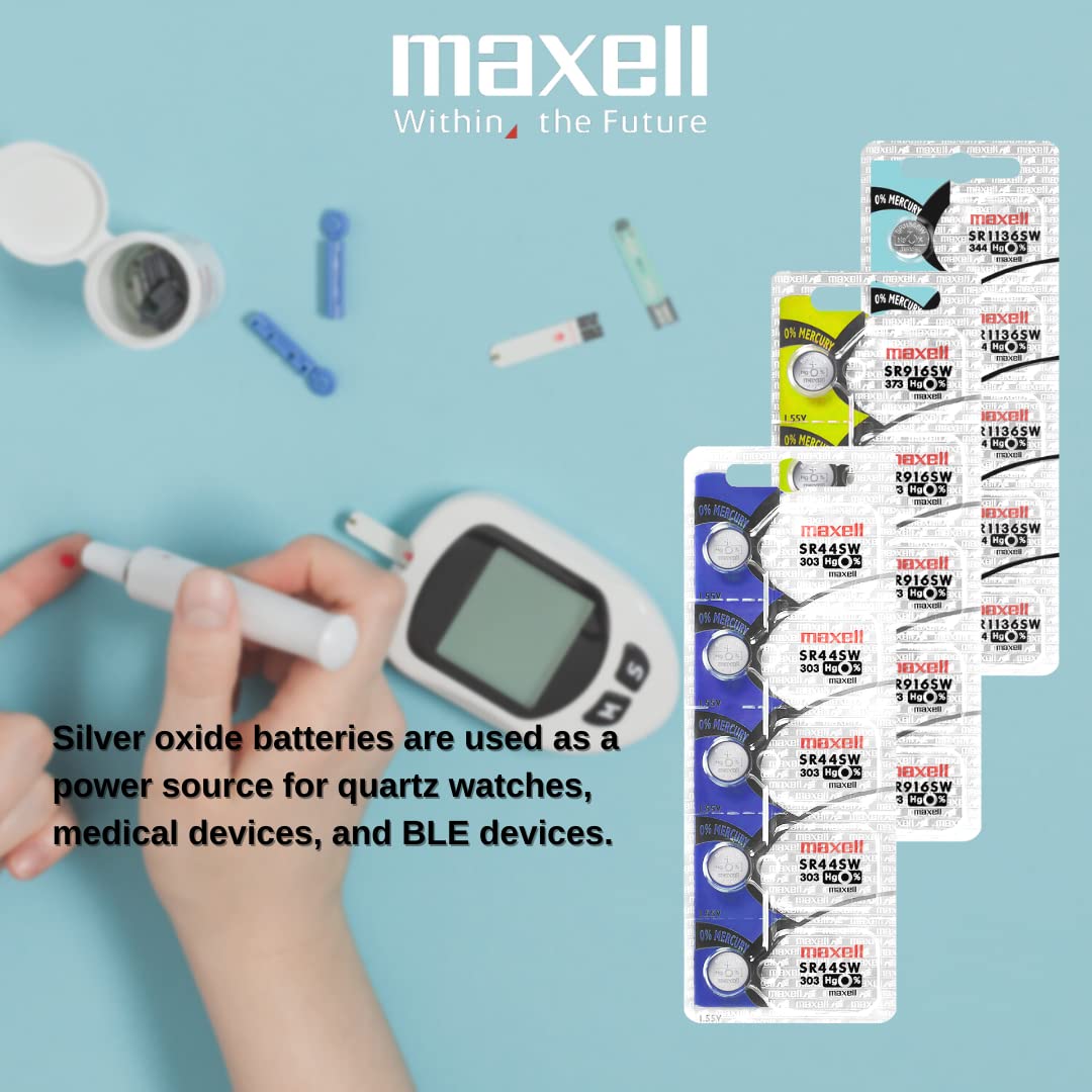 Maxell SR44SW 303 Watch Battery - 5 Pack Button Cell Batteries for Watches, Calculators, and Small Electronics - Long-Lasting Power Supply