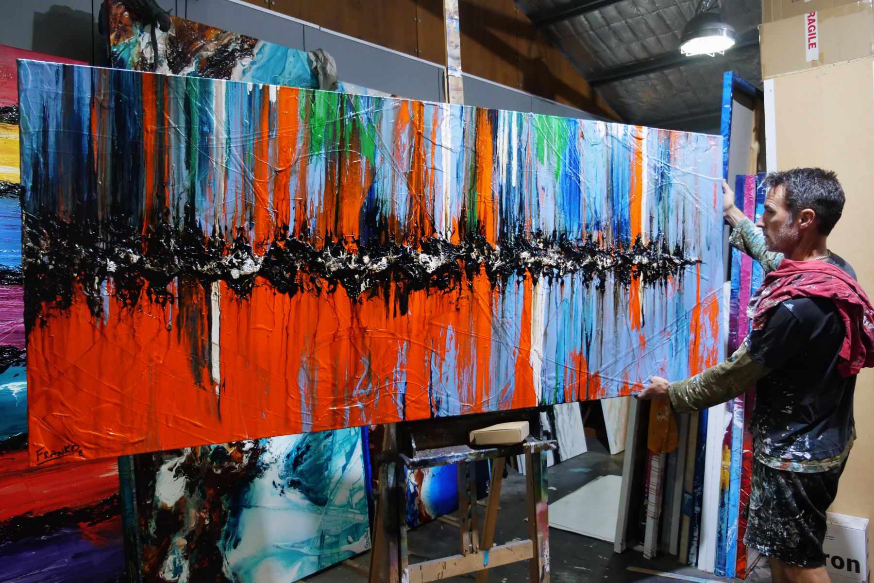 240cm x 100cm Orange Blue Textured Abstract Wall Art Painting - Modern Home Decor for Living Room, Bedroom & Office