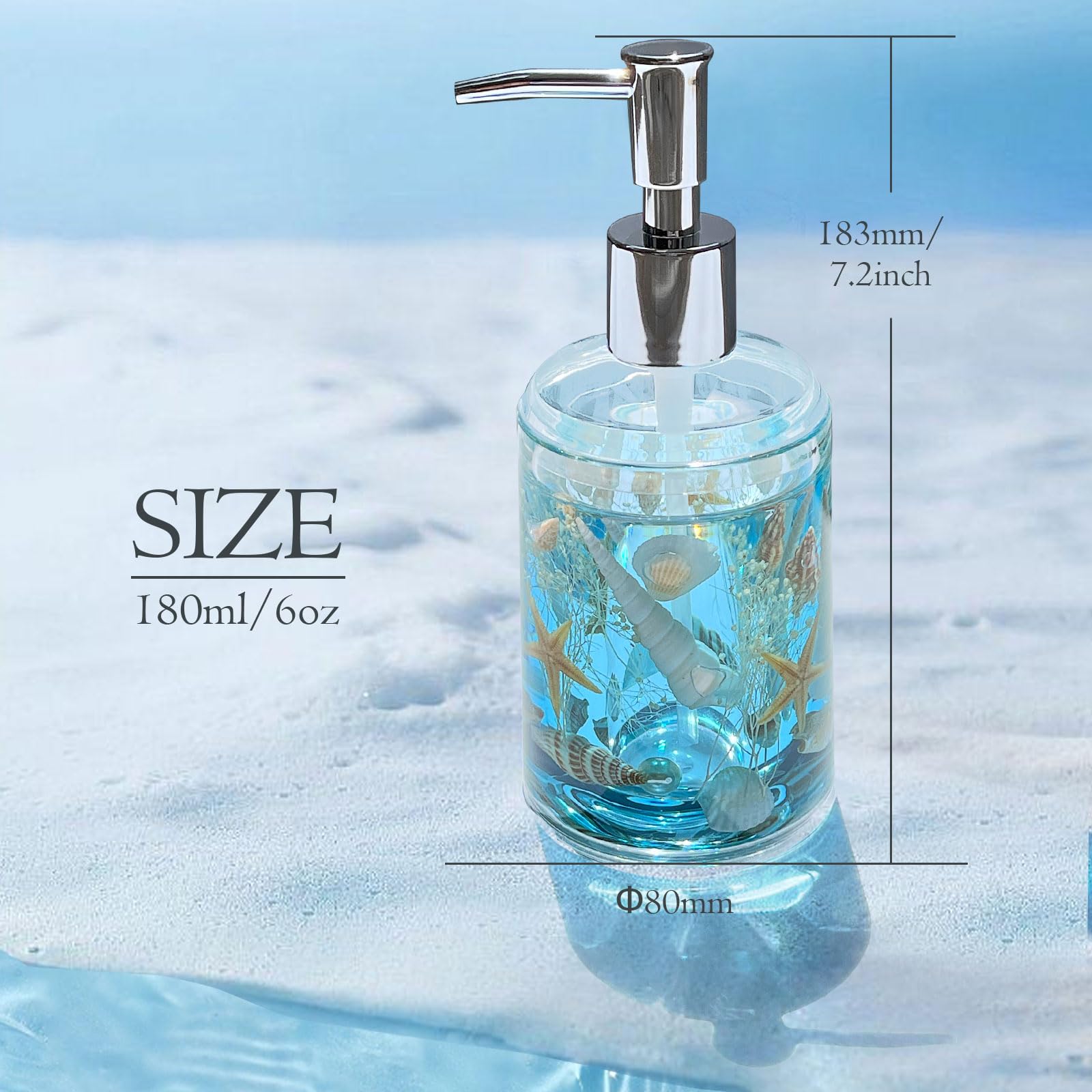 FONMY Acrylic Soap Dispenser with Pump - Handmade Seashell Design for Bathroom & Kitchen - Refillable for Liquid Soap, Dish Soap & Lotion (Blue) | Perfect for Coastal Decor, Spa Bathrooms & Farmhouse Kitchens