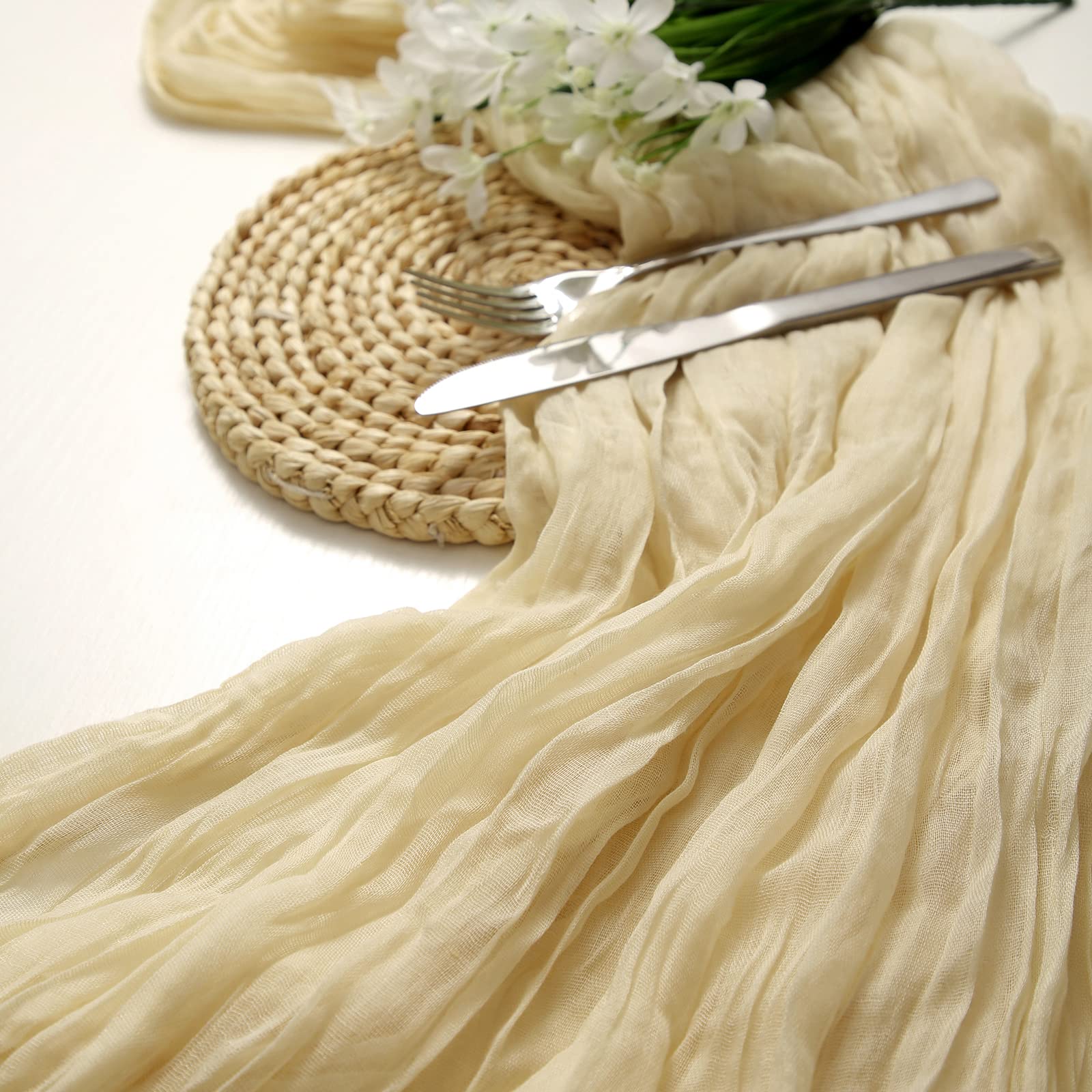 8-Piece Cream Cheesecloth Table Runner Set - 13.3ft Boho Gauze Tablecloth, Rustic Sheer Runner (160 Inches) for Wedding, Bridal Shower, Baby Shower, Birthday Party & Cake Table Decorations - Perfect for Rustic, Farmhouse & Boho Chic Events