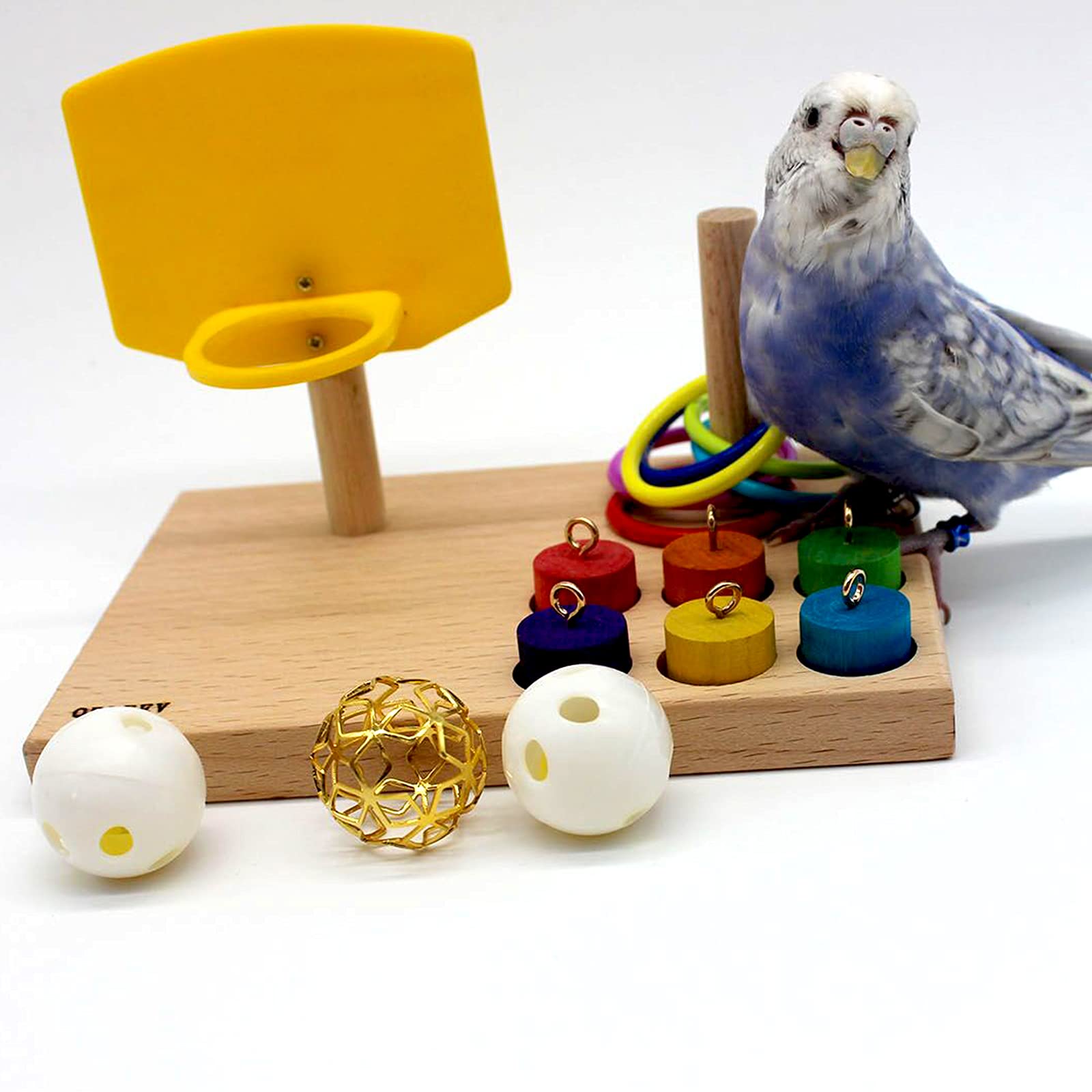 QBLEEV Bird Toys for Budgies & Parrots - Training Basketball, Stacking Color Rings, Chew Ball & Foraging Toys - Interactive Pet Play Gym & Cage Activity Toys for Mental Stimulation & Fun Playtime