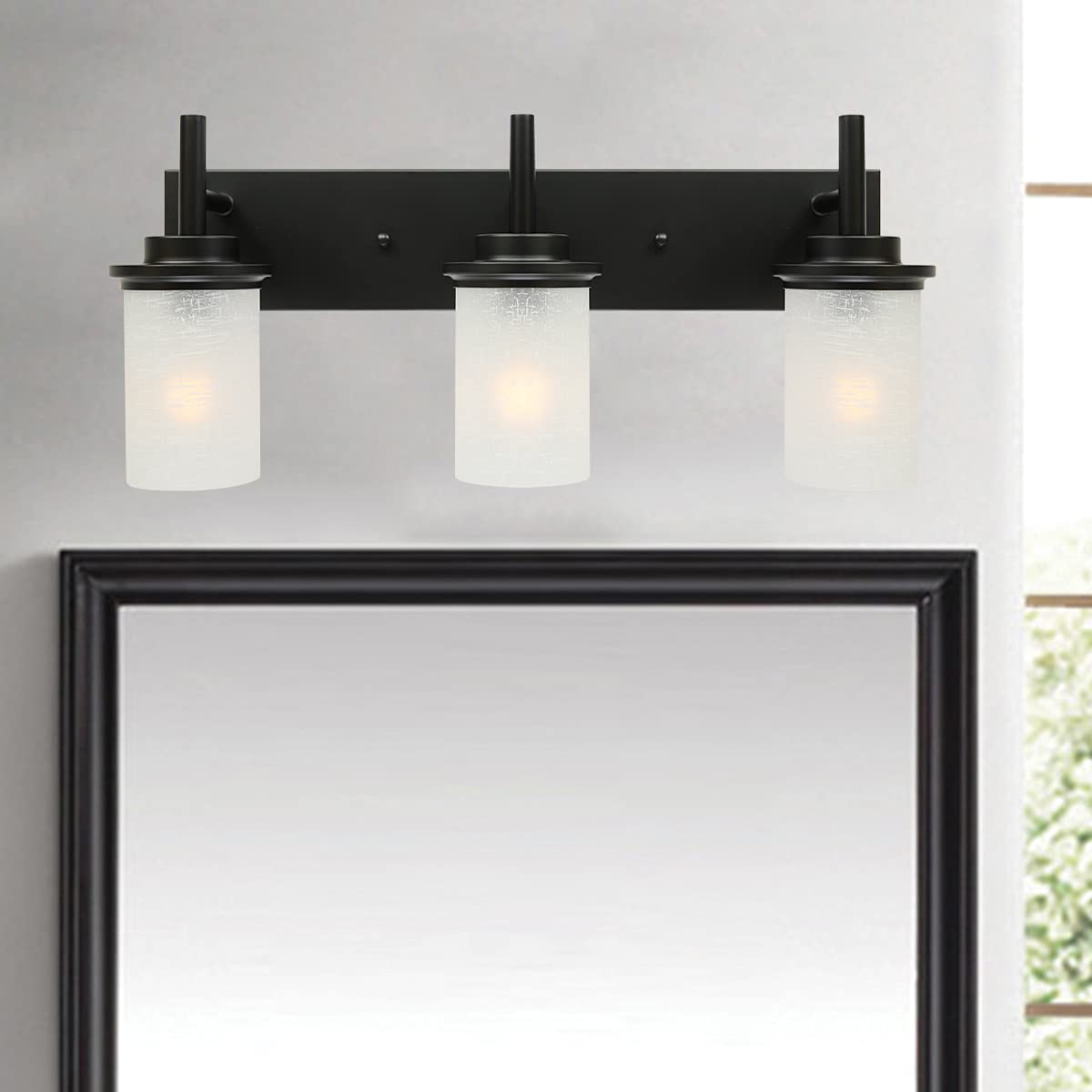 XINCAN 3-Light Black Modern Bathroom Vanity Light Fixture with White Linen Cylinder Glass Shade - Wall Mounted Contemporary Metal Lighting for Bathroom, Powder Room, and Dressing Area