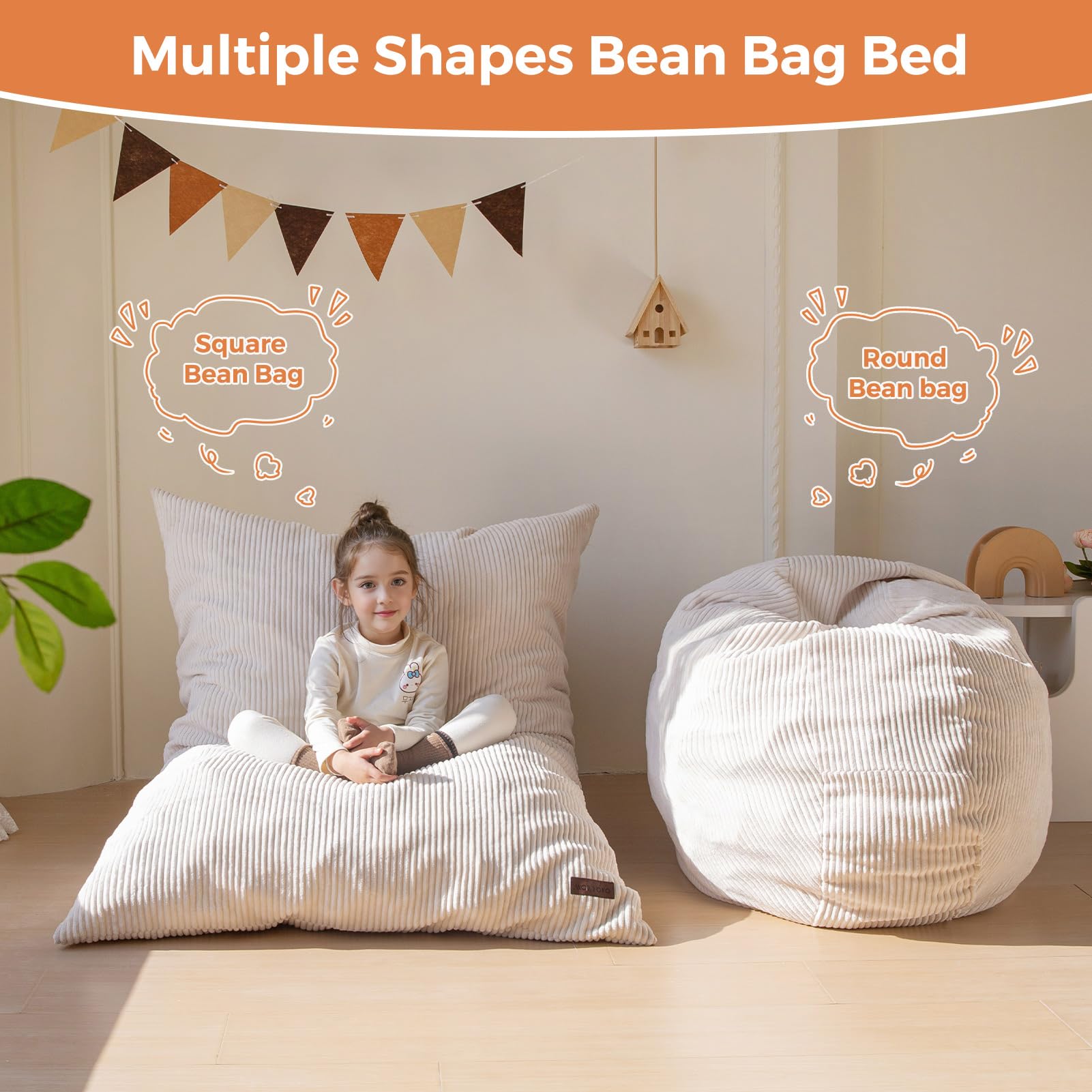 MAXYOYO 3-in-1 Convertible Kids Bean Bag Chair & Bed - Corduroy Round Floor Sofa for Children's Room, Gaming & Reading - Beige | Perfect for Playroom, Bedroom & Dorm Decor
