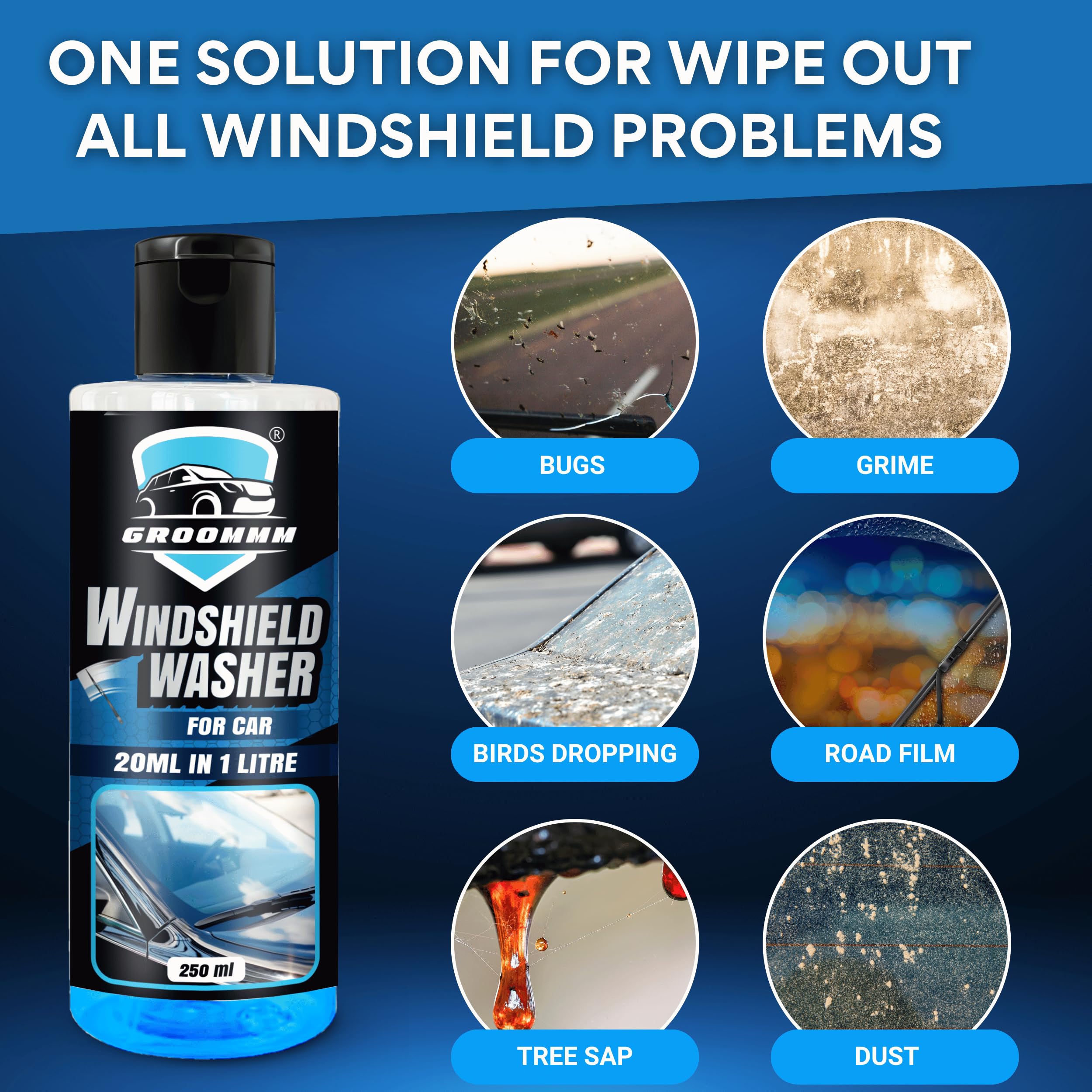 Groommm Concentrated Windshield Washer Fluid for Cars - 250ml (Dilutes to 1L) | Streak-Free Car Glass Cleaner for Crystal Clear Visibility | All-Weather Wiper Fluid for Safe Driving in Rain, Snow & Dust