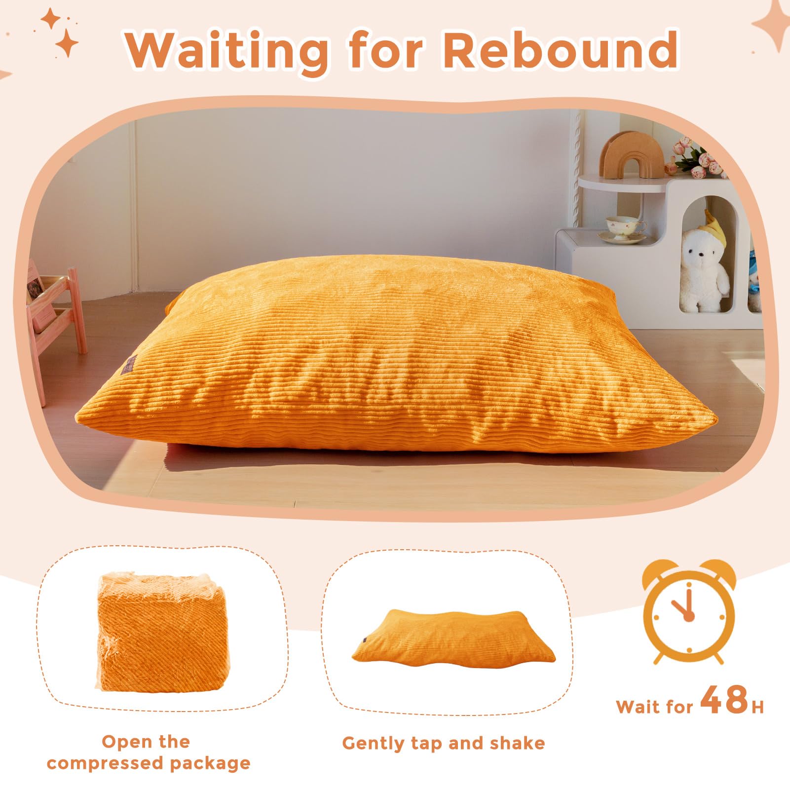 MAXYOYO 3-in-1 Convertible Kids Bean Bag Chair & Bed - Multi-Functional Floor Sofa for Children's Room, Gaming & Reading - Soft & Comfortable Orange Lounge Furniture for Playroom, Dorm or Nursery