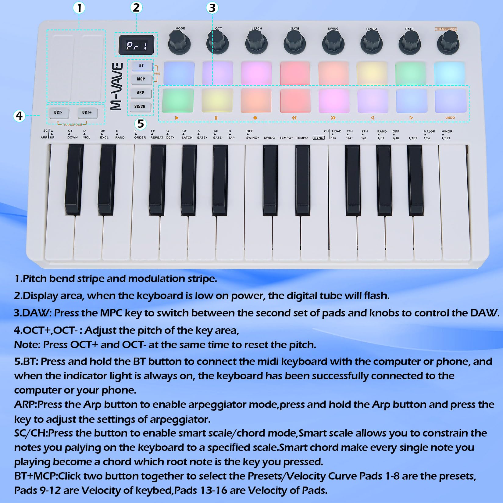 25-Key Backlit Drum Pad MIDI Keyboard Controller – Professional Beat Maker & Keytar for Music Production with Wireless Connectivity & Built-in Battery (White) | Perfect for Studio Recording, Live Performances & DJ Sets