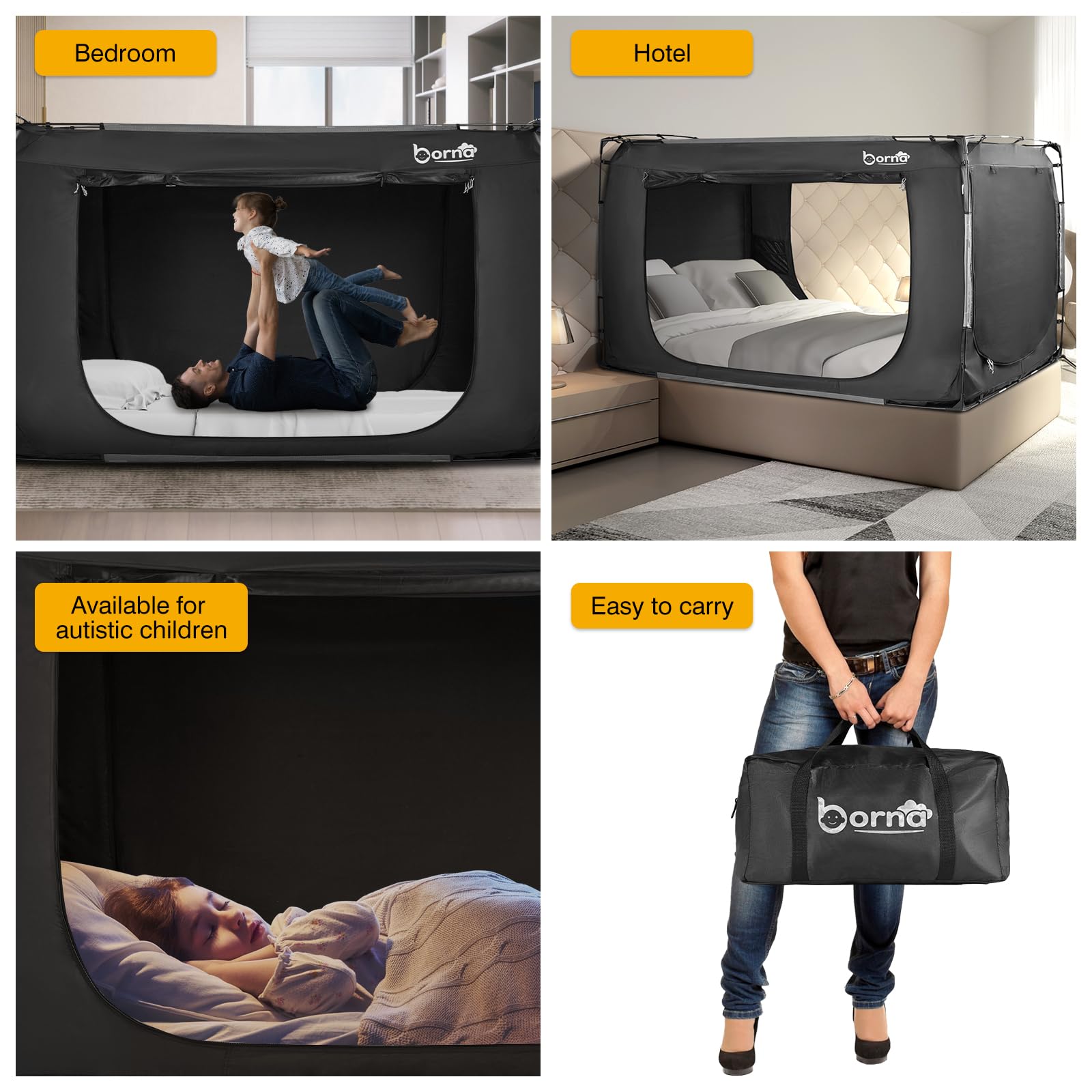 BORNA Full Size Bed Tent - Portable Sleeping Canopy for Kids & Adults, Breathable Privacy Bed Tent with 3 Doors (Mattress Not Included) | Perfect for Camping, Sleepovers & Indoor Privacy