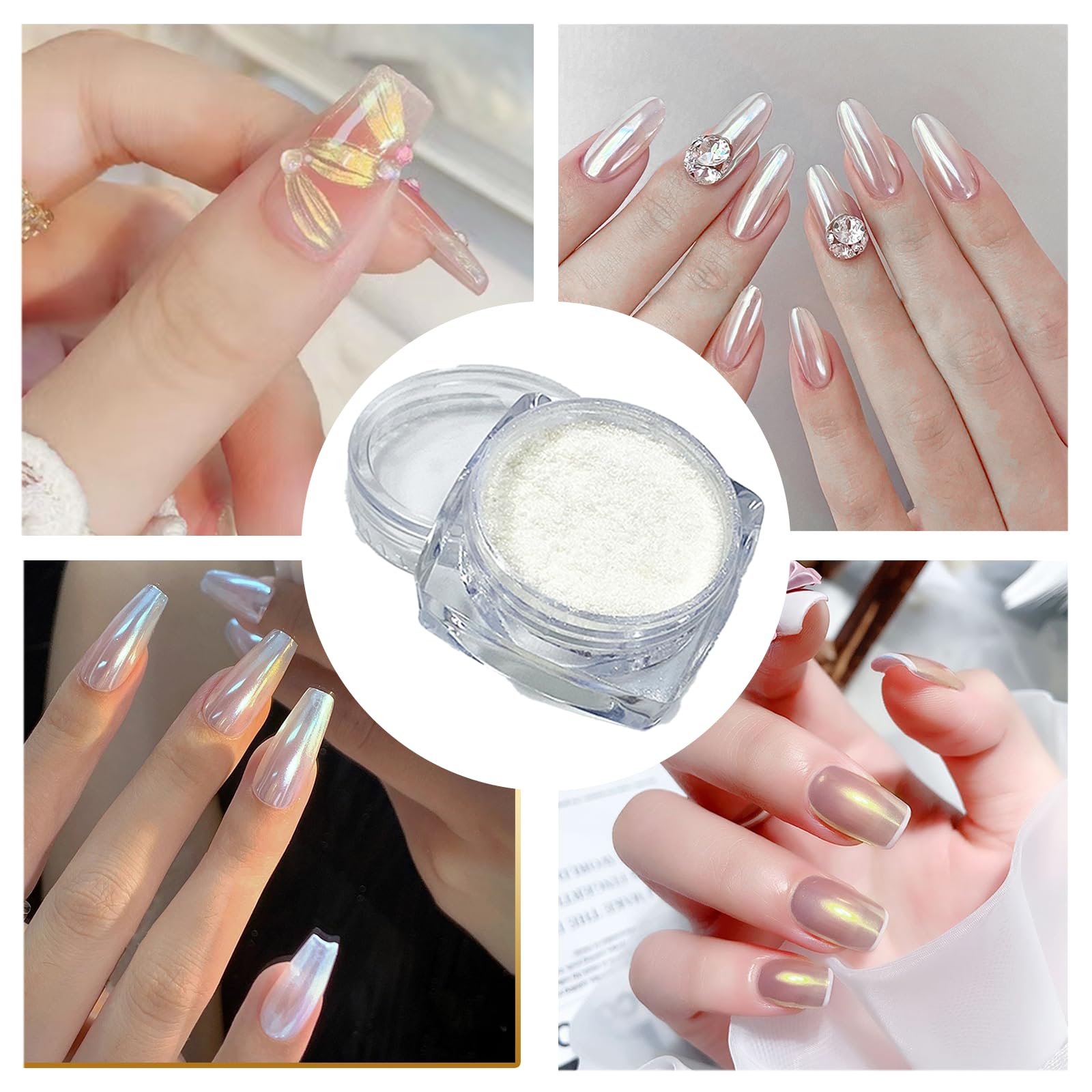 2 Pcs White Pearl Chrome Nail Powder - Iridescent Mirror Effect Aurora Magic Pearlescent Glitter Powder for Holographic Pigment Nail Art, Glazed Donut Nails Chrome Powder (Gold & Aurora White) - Perfect for Salon, DIY Manicure & Nail Art Designs