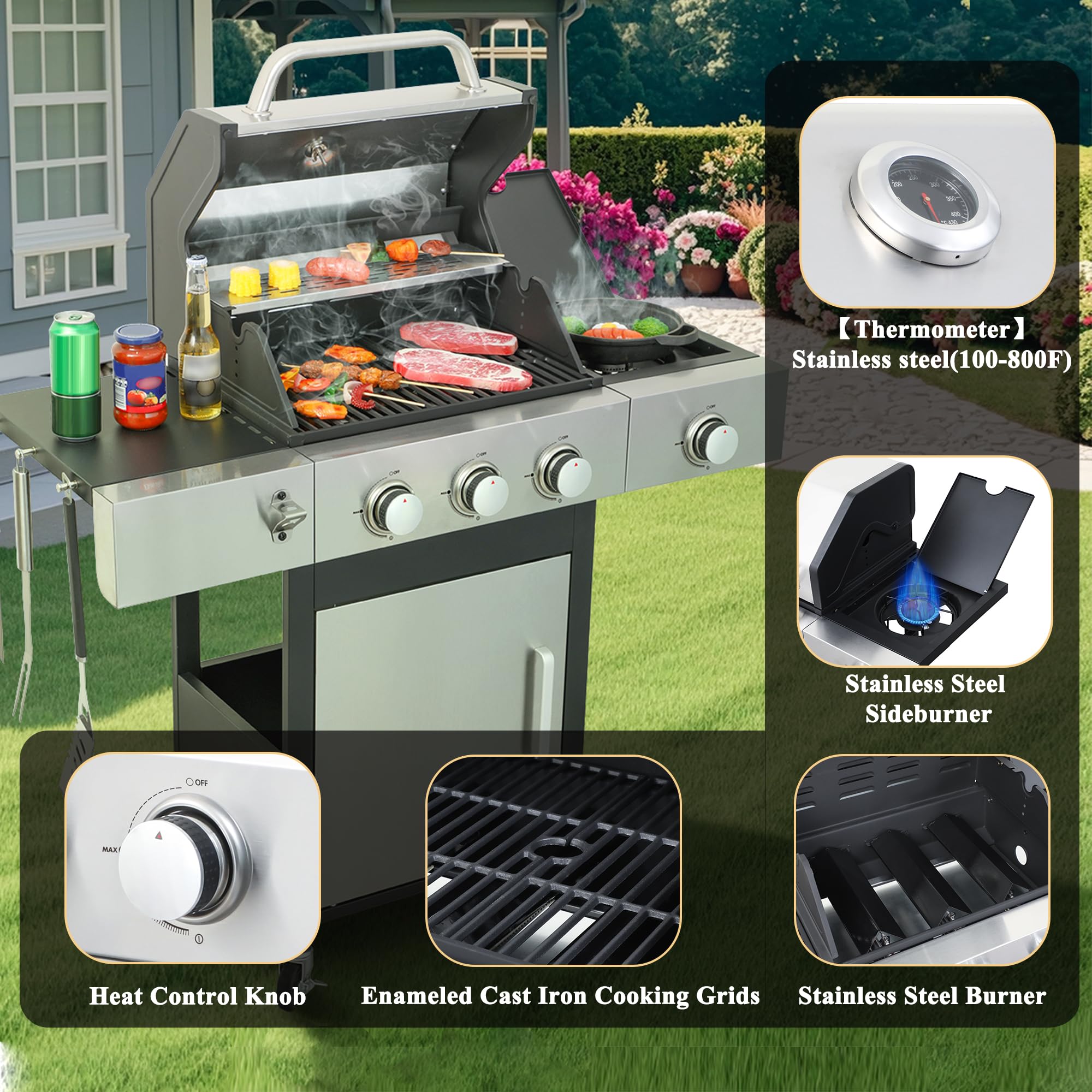 **3+1 Burner Propane Gas BBQ Grill with Side Burner & Enameled Cast Iron Grids – 37,230 BTU Stainless Steel Outdoor Grill for Backyard, Patio, Camping & Tailgating – Perfect for Grilling, Smoking & Entertaining**