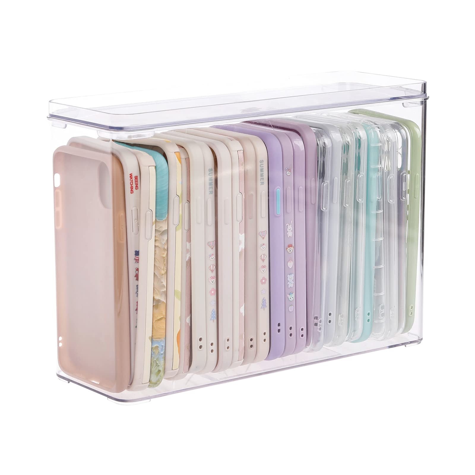 FABROK Clear Plastic Phone Case Organizer with Lid - Multifunctional Storage Box for iPhone Samsung Cases - Perfect for Desk, Cupboard & Cabinet Organization (Home & Office Use)