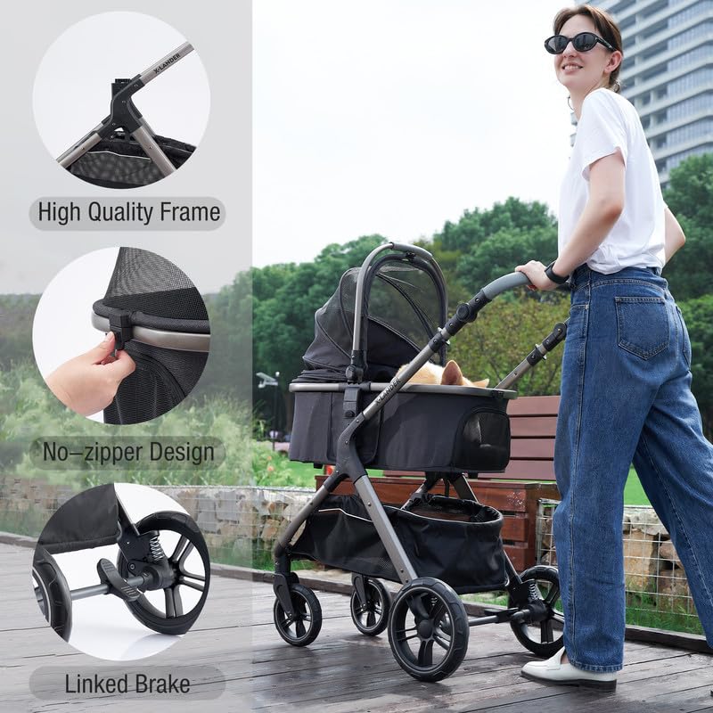 Premium Pet Stroller for Small & Medium Dogs & Cats - 4-Wheel Travel System with Carrier, Zipperless Entry, Cup Holder & Storage Basket - Perfect for Outdoor Walks, Vet Visits & Shopping Trips