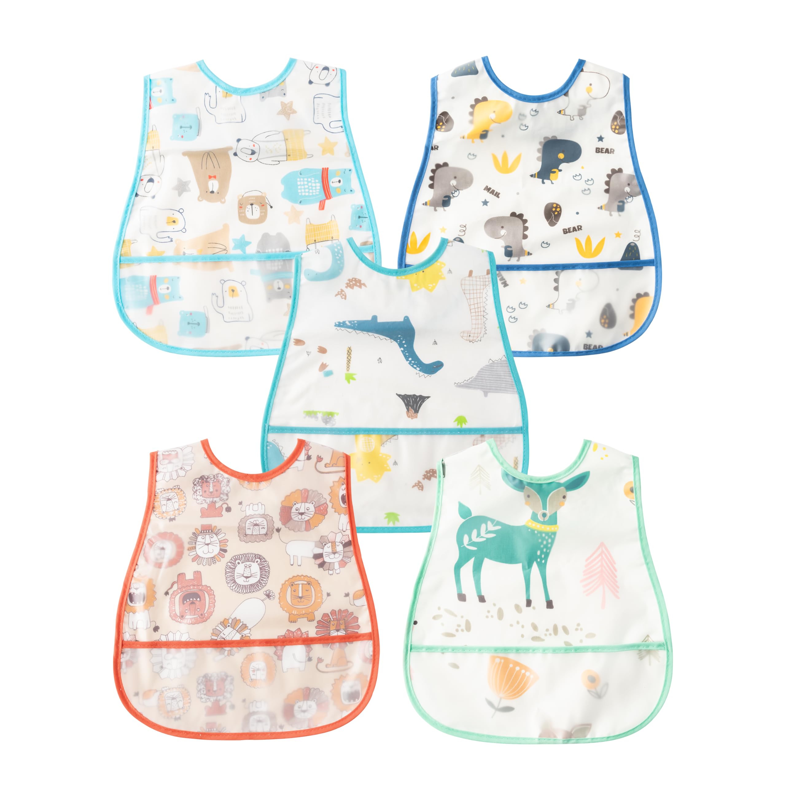 R HORSE 5-Pack Waterproof Baby Bibs with Crumb Catcher Pocket & Snap Buttons - Soft Feeding Bib Set for Infants 6-24 Months - Perfect for Mealtime, Travel & Daycare Use