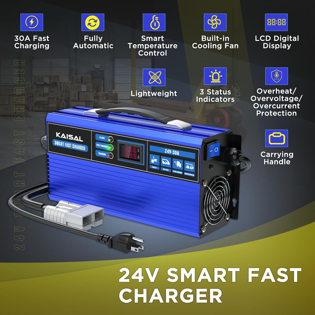 24V 30A Smart Forklift Battery Charger - 900W Fully Automatic LCD Display with 7 Protections - Trickle Charger for Electric Pallet Jack, Forklift & Floor Scrubber - Ideal for Warehouses, Factories & Industrial Use