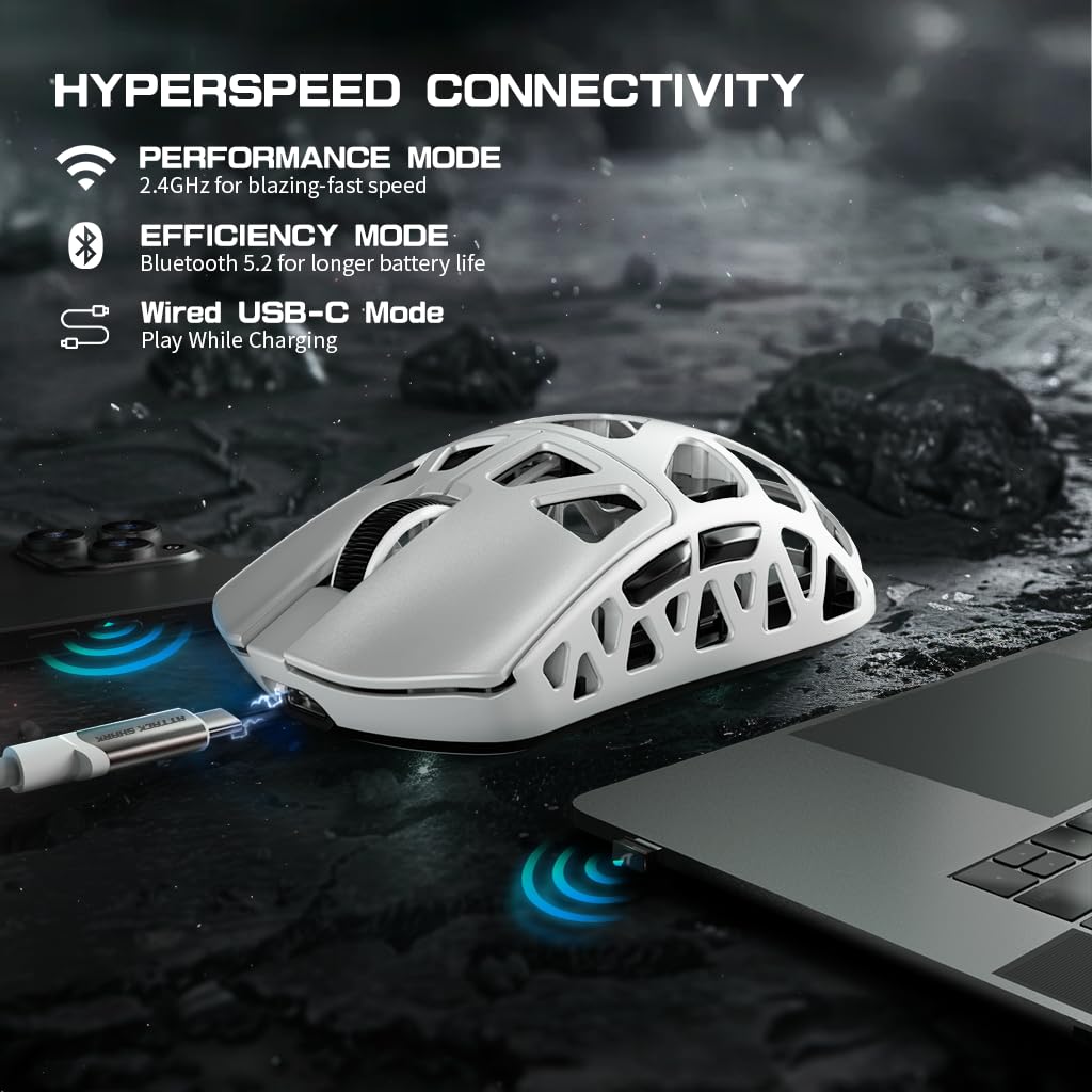 ATTACK SHARK R3PRO 46g Ultra-Light Magnesium Alloy Wireless Gaming Mouse - 8000Hz Polling Rate, 26000DPI, PixArt PAW3395 Sensor, 2.4G/BT/Wired Connectivity, Programmable Buttons with Coiled Cable for PC & Mac (White) - Perfect for FPS, MOBA & Esports Gaming