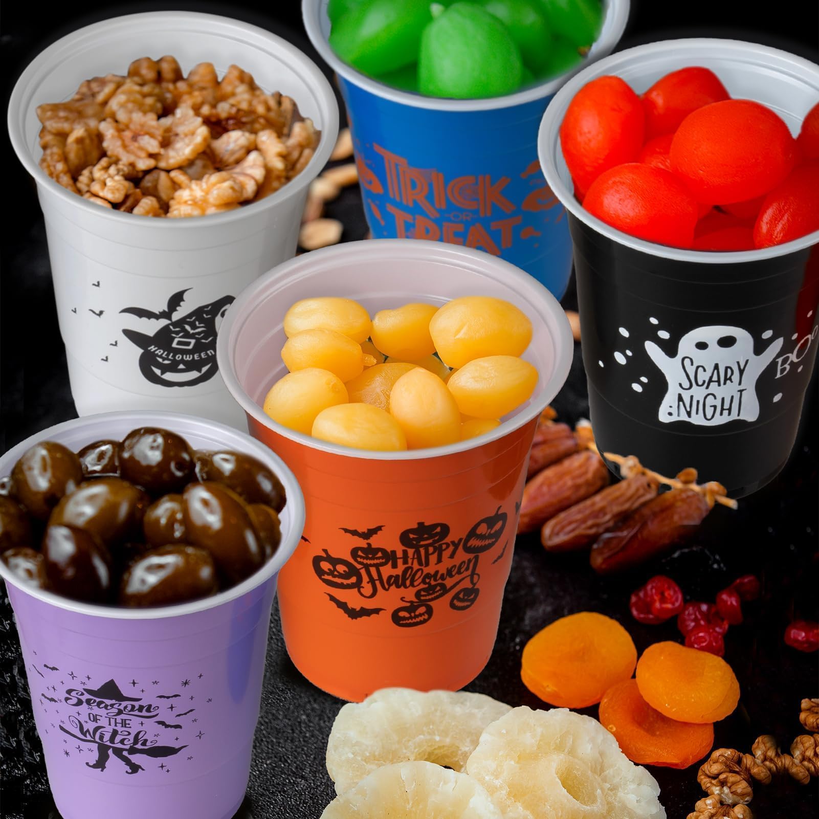 GuassLee 50 Pack Halloween Disposable Cups - 16Oz Colorful Plastic Party Cups Set (5 Styles) for Halloween Party, Coffee, Wine, Hot & Cold Drinks - Perfect for Halloween Celebrations, Office Parties, and Family Gatherings