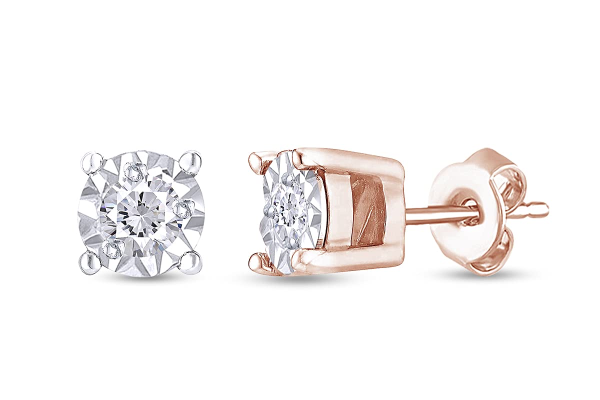 1/10 Carat Round Cut White Natural Diamond Stud Earrings - 14k Gold Plated 925 Sterling Silver Solitaire Jewelry for Women (I2-I3 Clarity, I-J Color, 0.10 CTTW) - Perfect for Everyday Wear, Gift Giving & Special Occasions