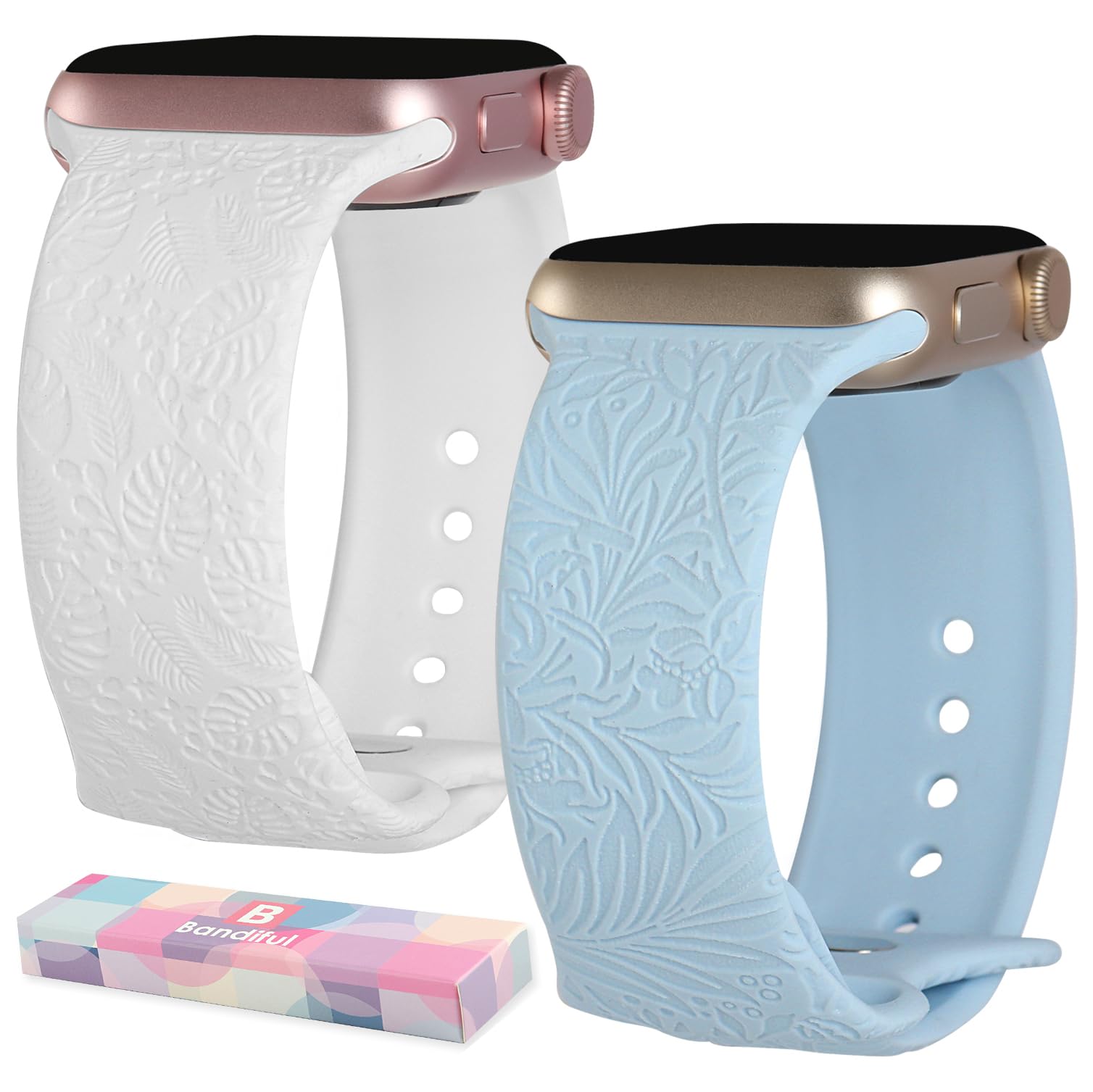 2 Pack Boho Engraved Tropical Plant Pattern Replacement Bands for Apple Watch 38mm 40mm 41mm 42mm 44mm 45mm 49mm - Compatible with iWatch Series 8/7/6/5/4/3/2/1/SE/Ultra - Stylish & Durable Watch Strap for Women, Perfect for Casual Wear, Workouts & Outdoor Activities