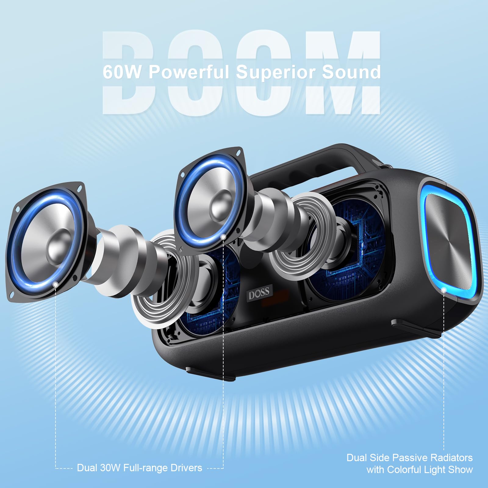 DOSS Extreme Boom S Bluetooth Speaker - 60W Stereo Sound, Rich Bass, IPX6 Waterproof, 25H Playtime, TWS, LED Lights - Wireless Portable Speaker for Camping, Beach, Pool Parties, Hiking & Outdoor Adventures (Black)