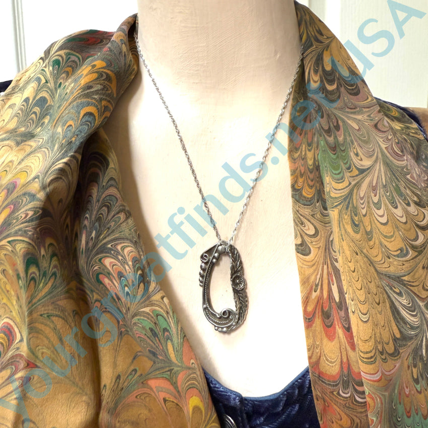 Vintage Sterling Silver Flower & Feather Appliqué Necklace – Elegant Handmade Jewelry for Women, Perfect for Weddings, Parties & Special Occasions