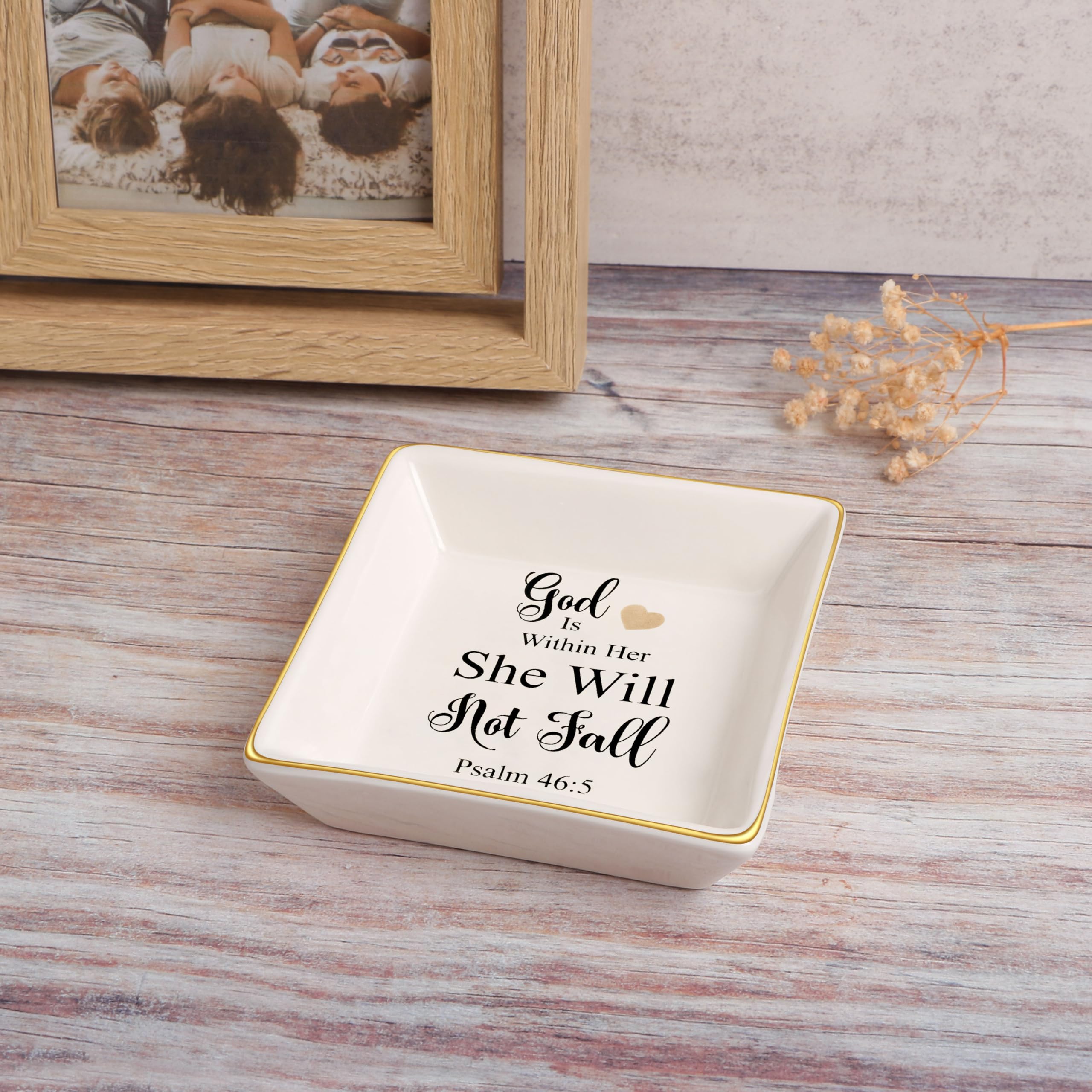 JoycuFF Christian Jewelry for Women - Religious Encouragement Ring Dish, Inspirational Gifts for Sister, Mother, Daughter & Aunt - 'God Is Within Her She Will Not Fall' Bible Verse Home Decor - Perfect for Prayer Time, Bible Study & Faith-Based Gift Giving