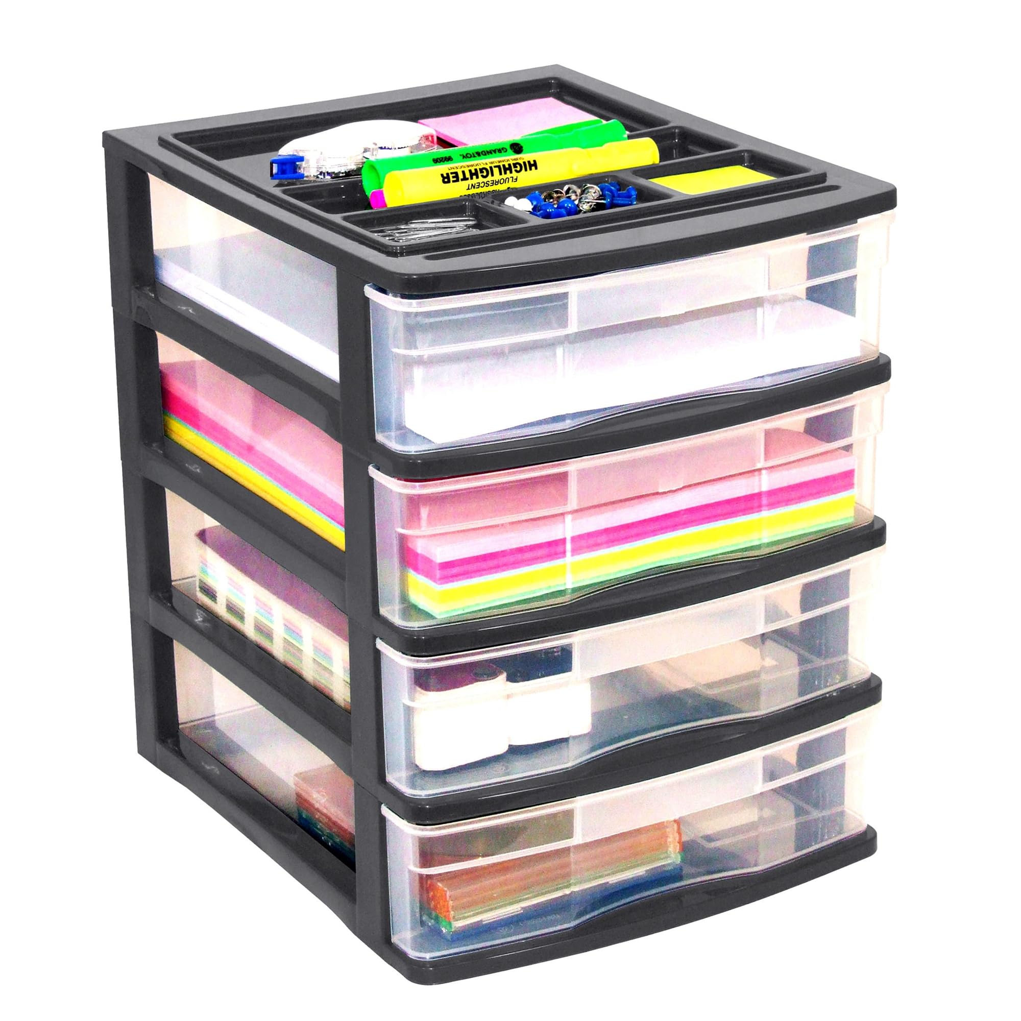 Gracious Living 4-Drawer Desktop Organizer - Black/Clear Storage Box for Office, School & Craft Supplies (4-Pack) | Perfect for Desk Organization, Classroom Storage & Craft Room Accessories