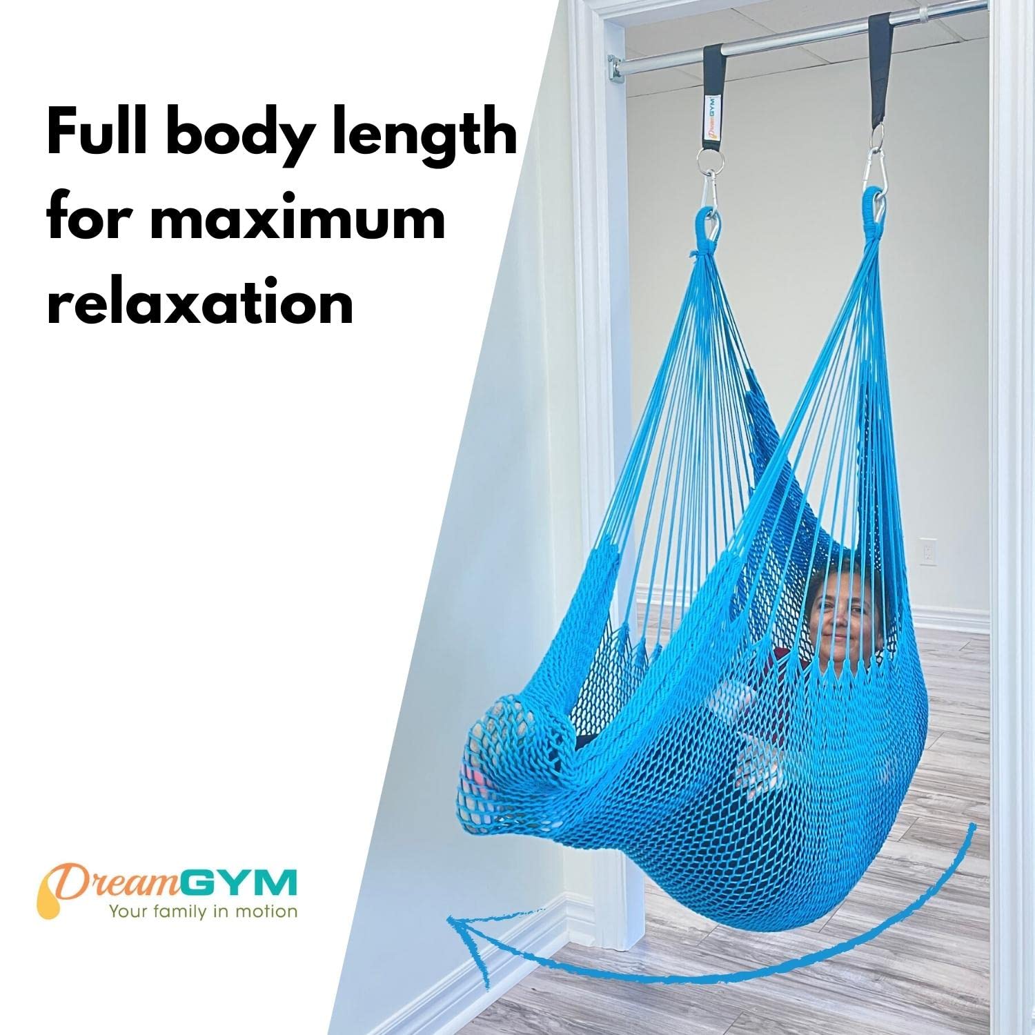 DreamGYM Doorway Hammock Swing - Indoor Hanging Chair with Stand for Door Frame - Sensory Swing for Adults & Kids - Sky Blue - Perfect for Relaxation, Therapy, and Playtime at Home