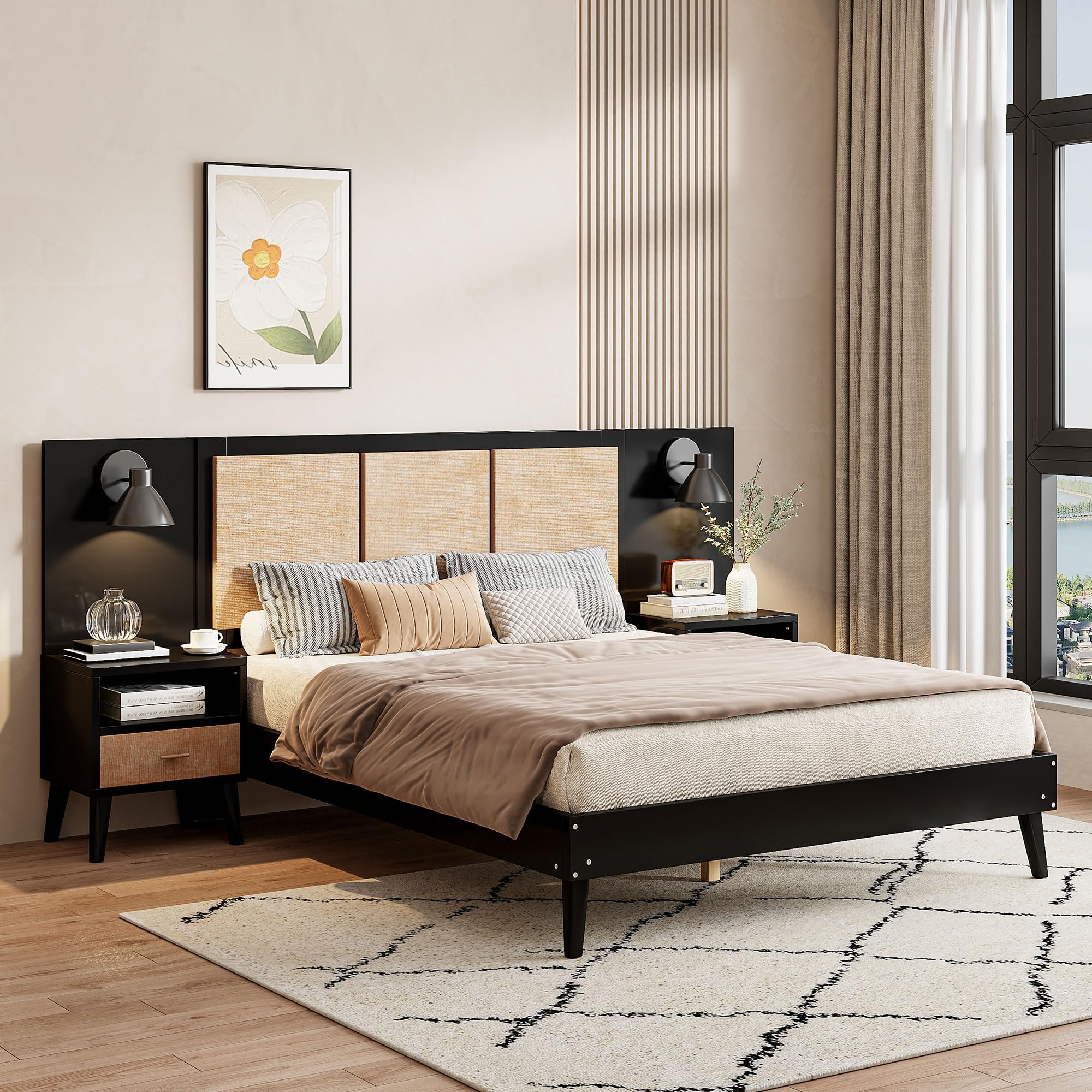 Queen Size Platform Bed Frame with 2 Nightstands - Wooden Bed Frame with Lamps, Elegant Rattan and Wood Combination in Black - Perfect for Modern Bedroom, Guest Room or Apartment Decor