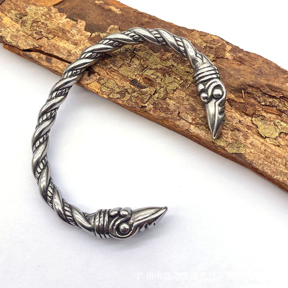 Viking Bracelet for Men - Adjustable Stainless Steel Norse Arm Ring with Raven Heads - Scandinavian Bangle Jewelry - Perfect for Viking Cosplay, Medieval Reenactments & Norse Fashion
