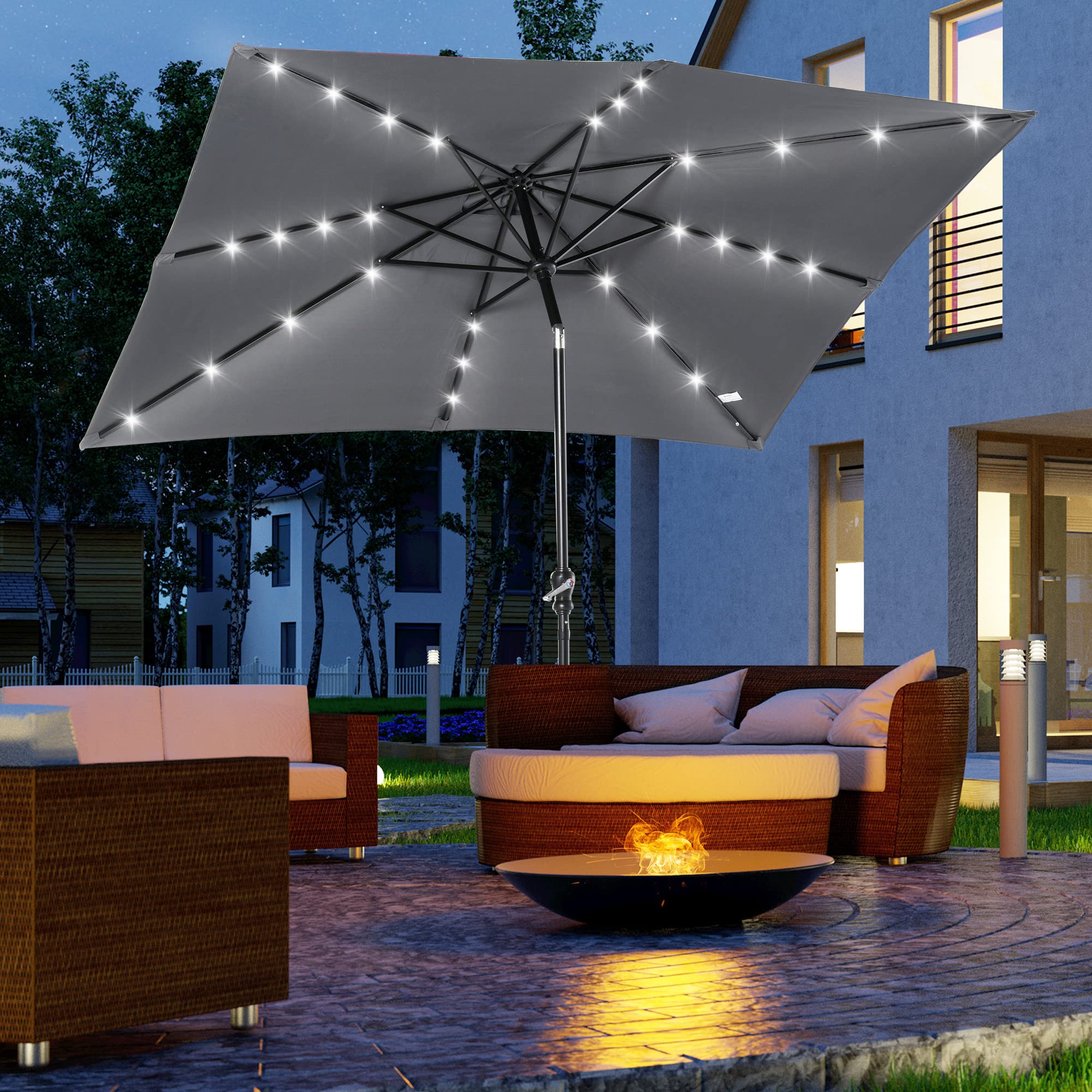 Outsunny 9' x 7' Solar LED Patio Umbrella with Tilt & Crank - Waterproof Outdoor Market Umbrella for Garden, Deck, Backyard, Pool, Beach - Perfect for Dining, Lounging, and Outdoor Entertaining