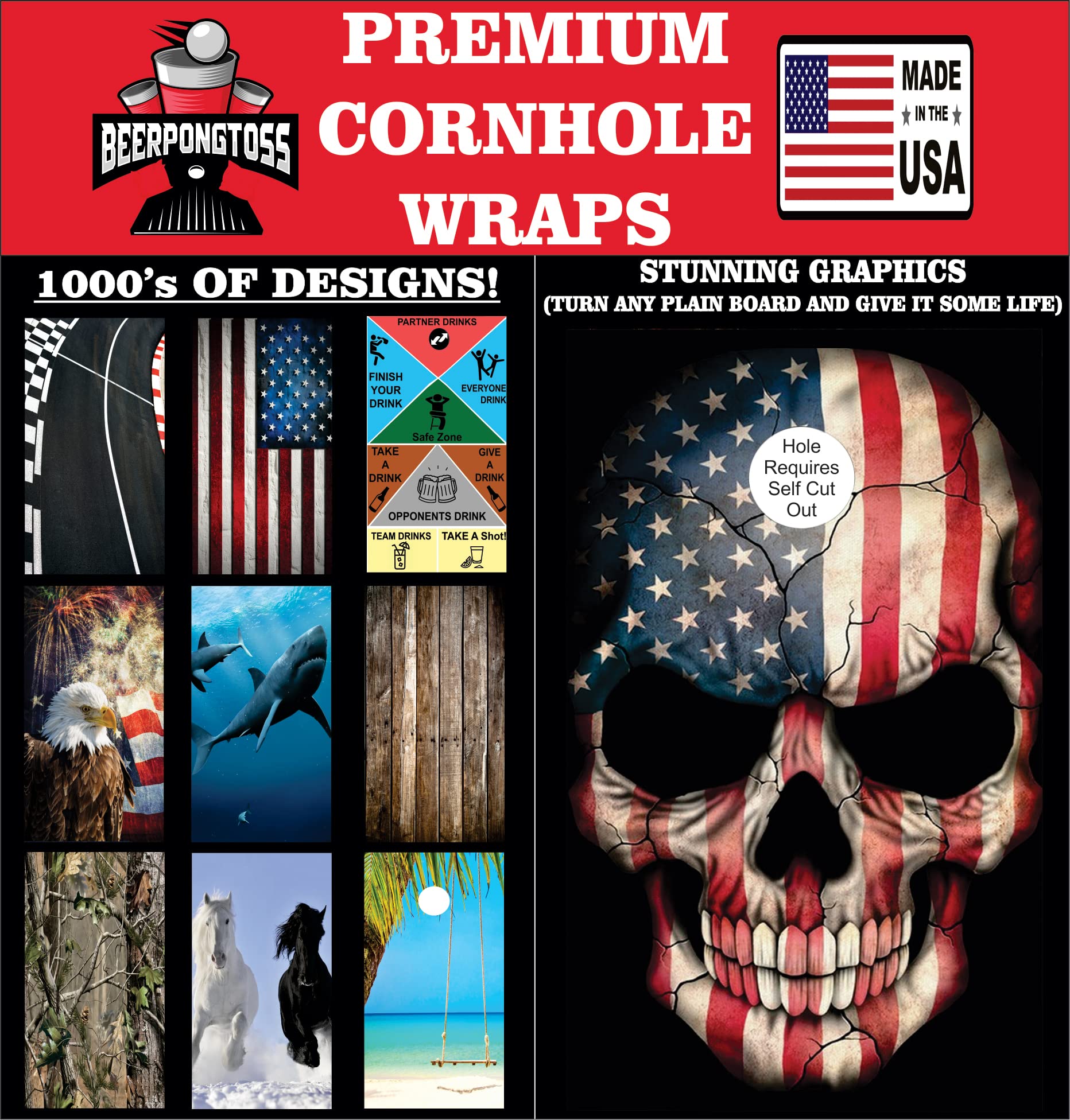 Premium American Cornhole Board Wraps - Set of 2 with 10+ Custom Designs | Waterproof Cornhole Decals & Skins for Outdoor Games, Tailgating, Backyard Parties, and Cornhole Tournaments