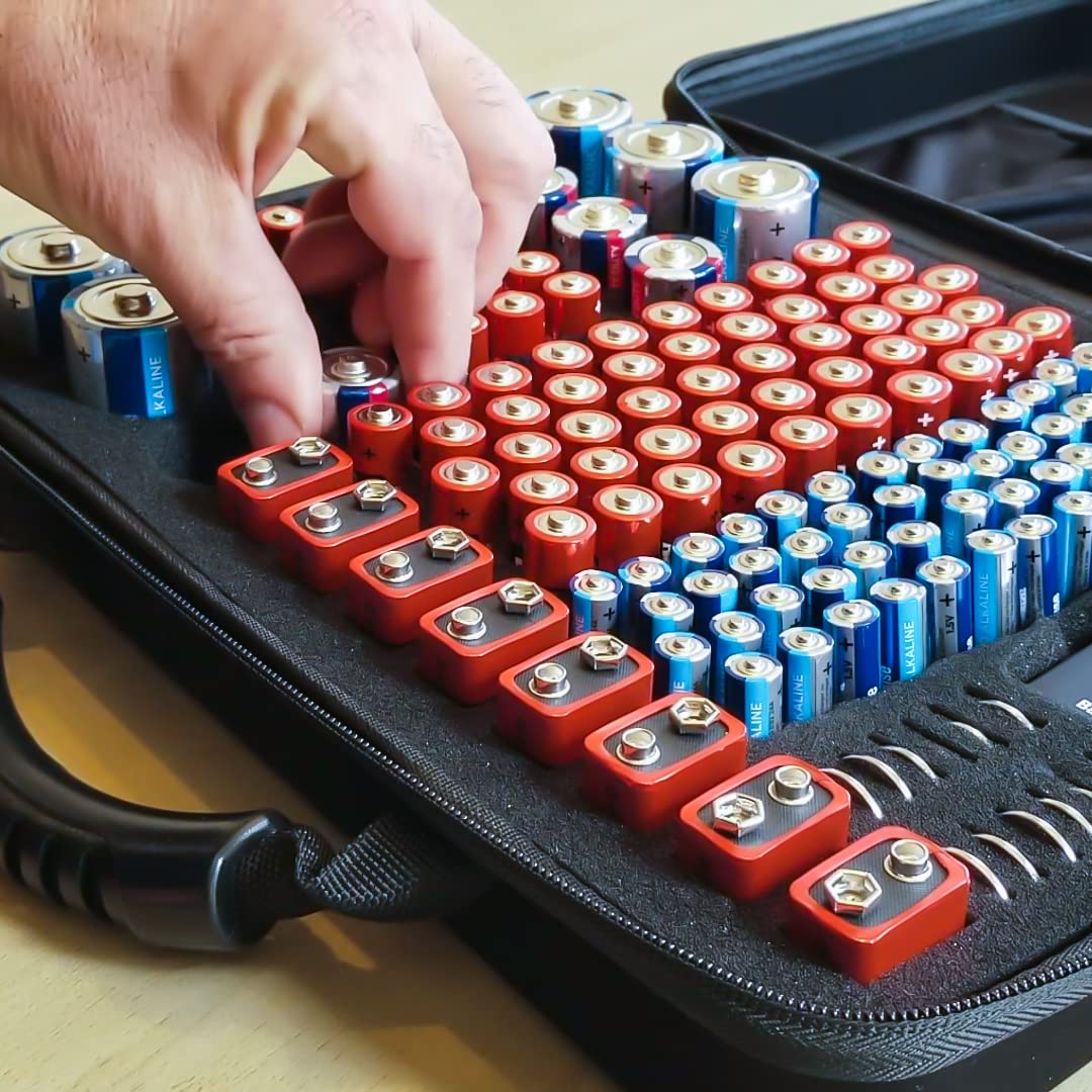Flipo Large Slate Battery Storage Case with Tester - Portable AA AAA C D 9V Battery Organizer with Foam Insert & Handle - Holds 148+ Batteries - Perfect for Home, Office, Travel & Emergency Kits