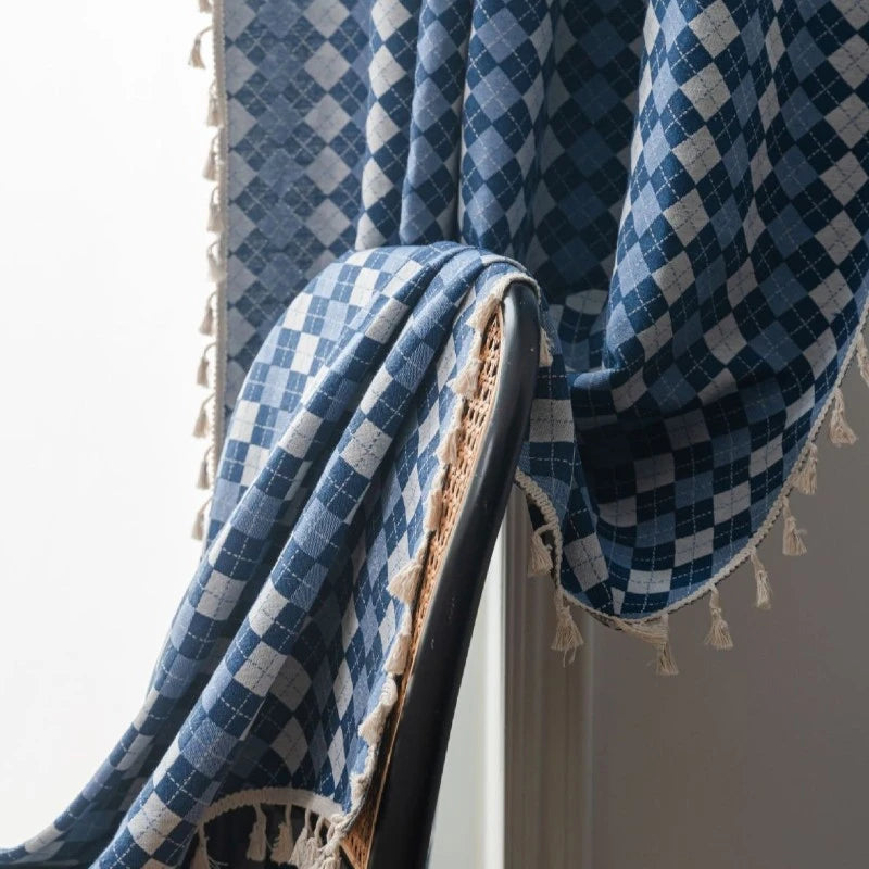 Premium Diana Cotton Linen Diamond Check Blackout Curtains for Living Room & Bedroom - Thermal Insulated Window Drapes for Light Blocking & Privacy