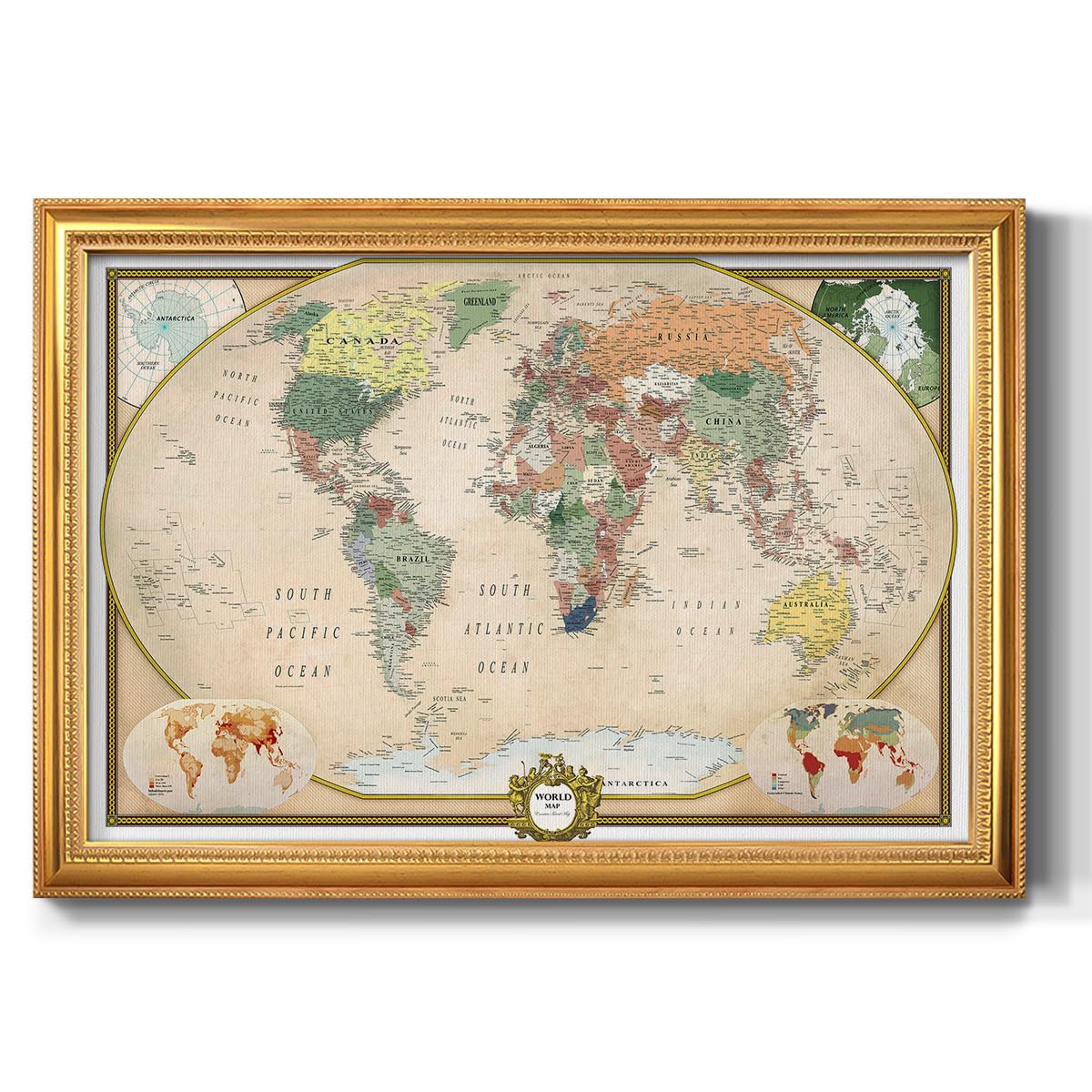 Vintage Gold Framed Colorful World Map Canvas Wall Art - Push Pin Travel Map for Home, Office & Classroom Decor - Perfect for Travel Enthusiasts & Geography Lovers